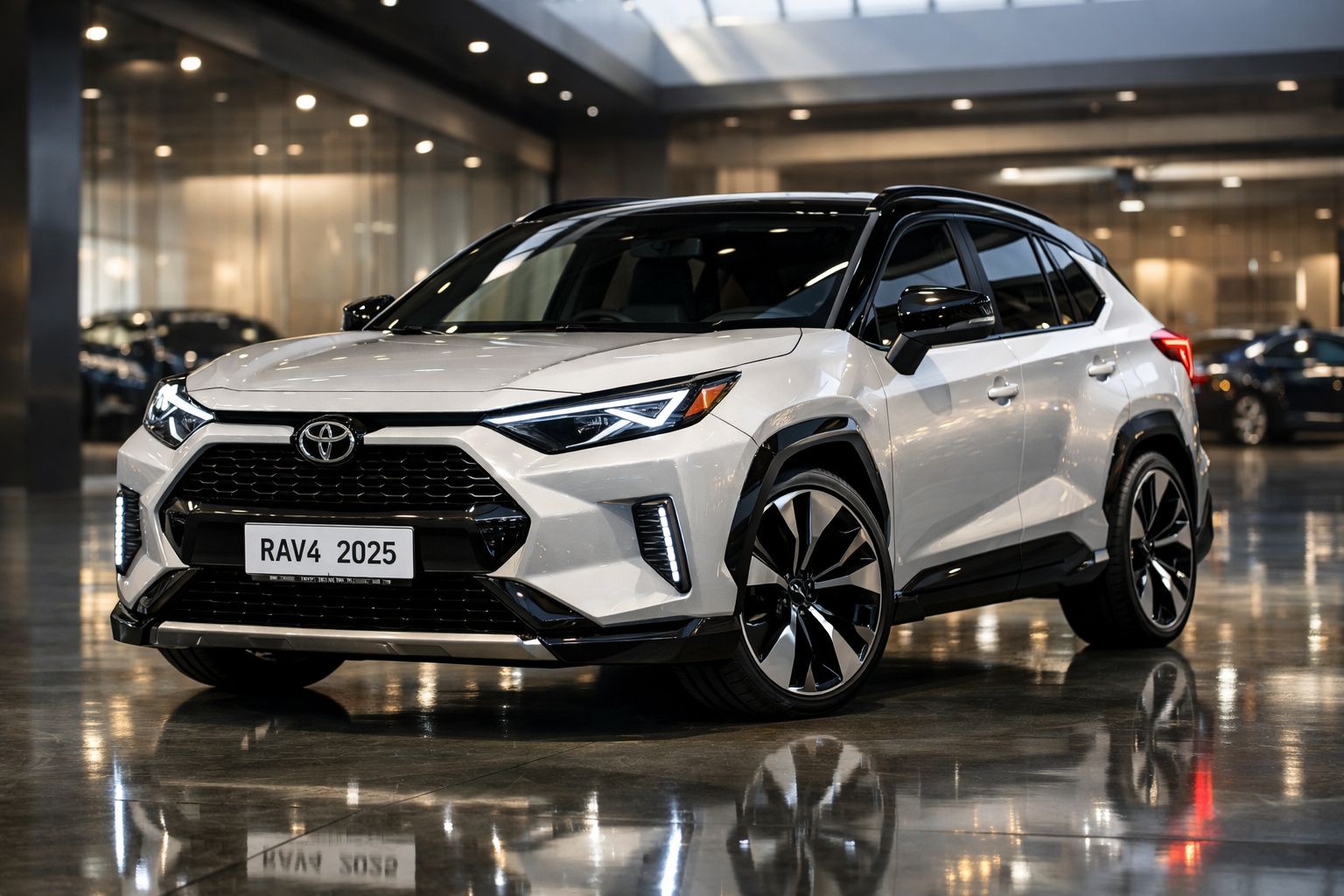 Carro Toyota RAV4 2025 branco estacionado em salão moderno com piso refletor.