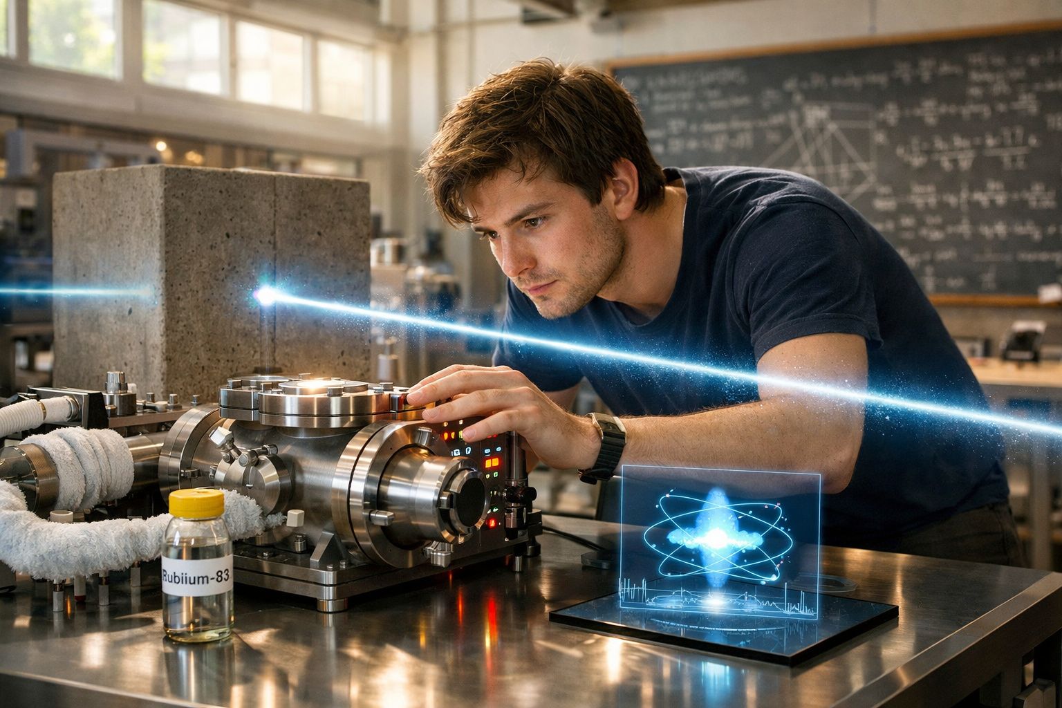 Homem jovem a realizar experimento científico com equipamento avançado e simulação de átomo holográfico.