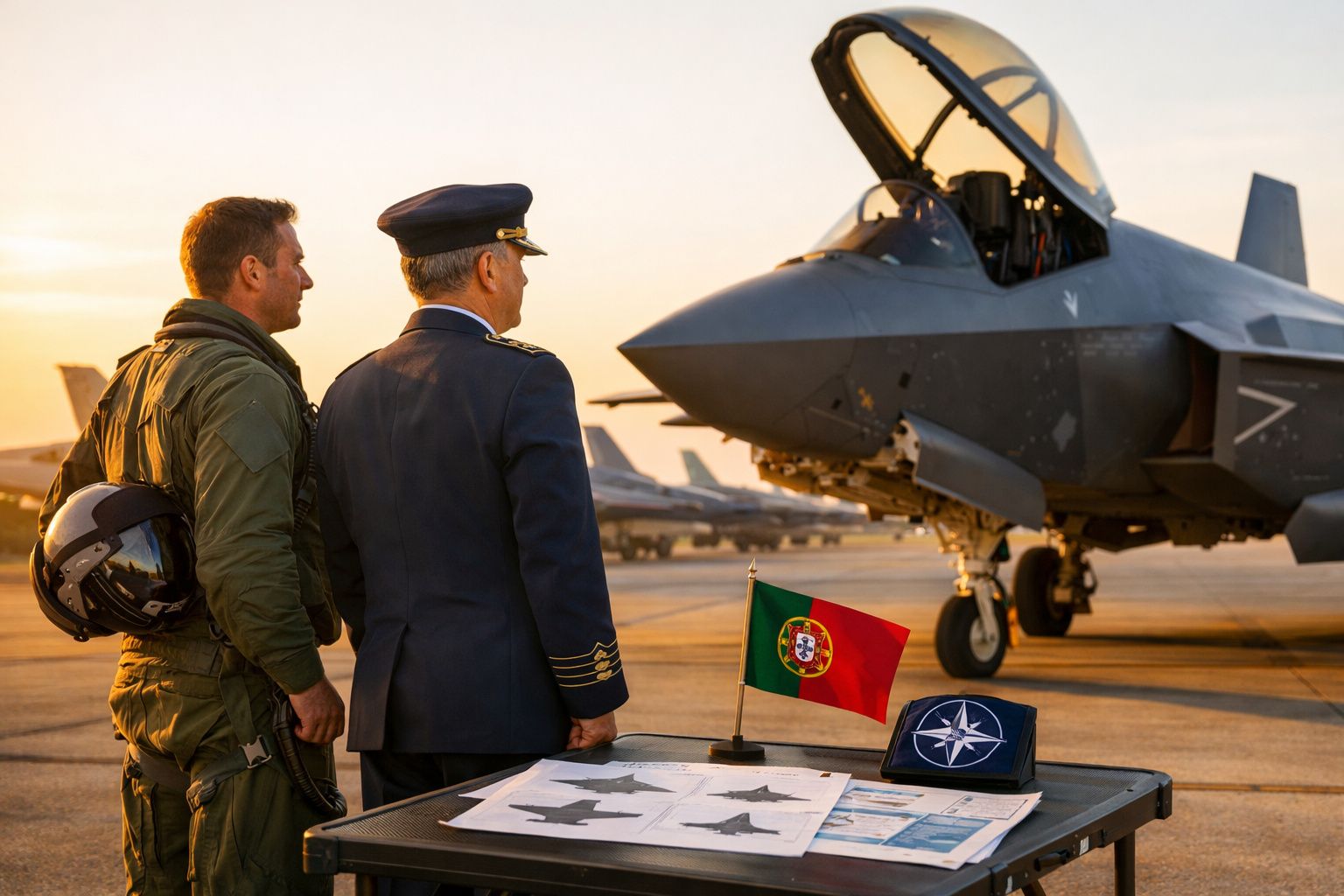 Dois militares junto a mesa com bandeiras de Portugal e da NATO, ao lado de caça F-35 no pôr do sol.