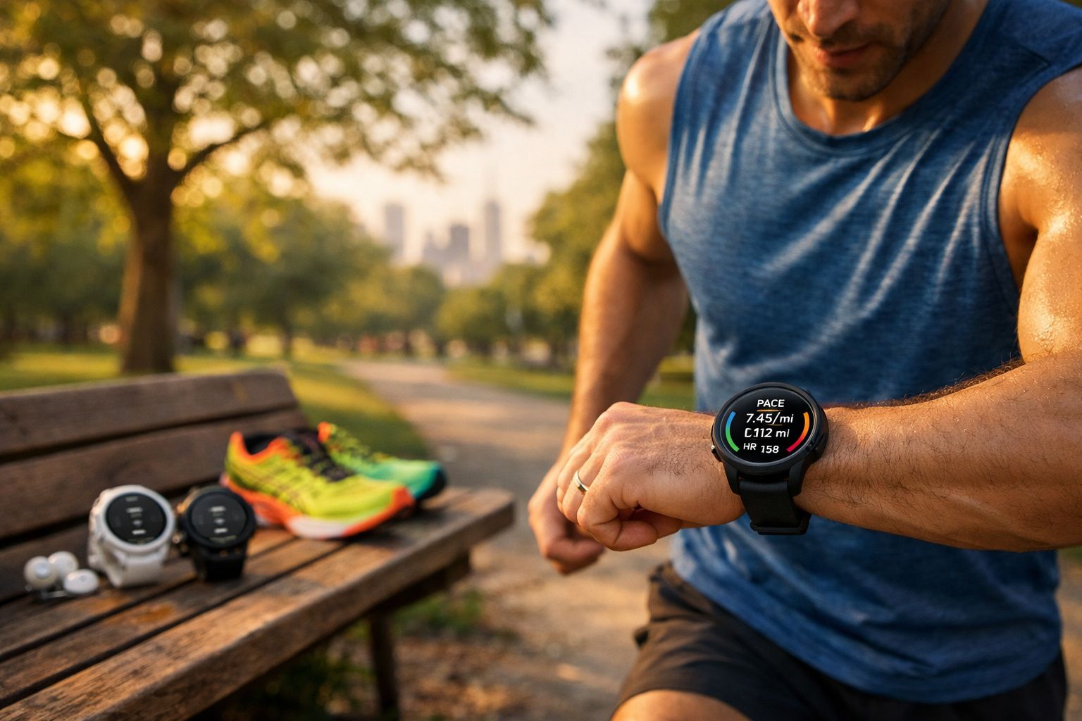 Homem desportivo a verificar relógio inteligente com informação de corrida num parque ao entardecer.
