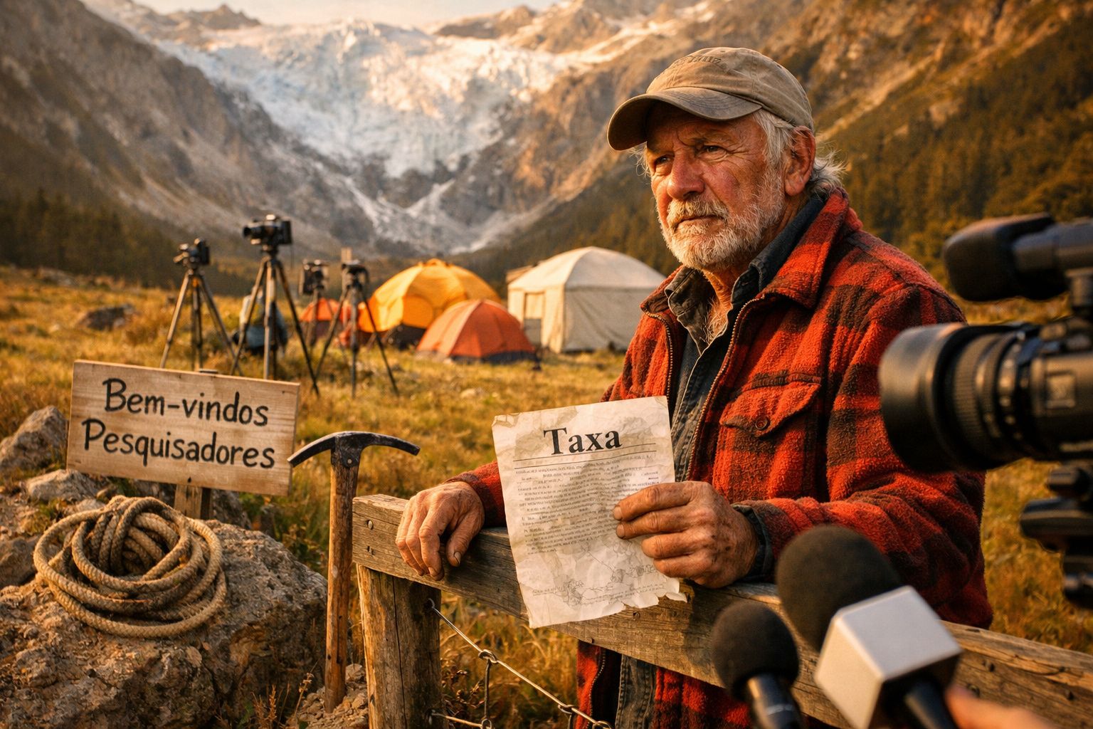 Homem idoso em campo de investigação com tenda e equipamento, segurando papel com a palavra "Taxa".