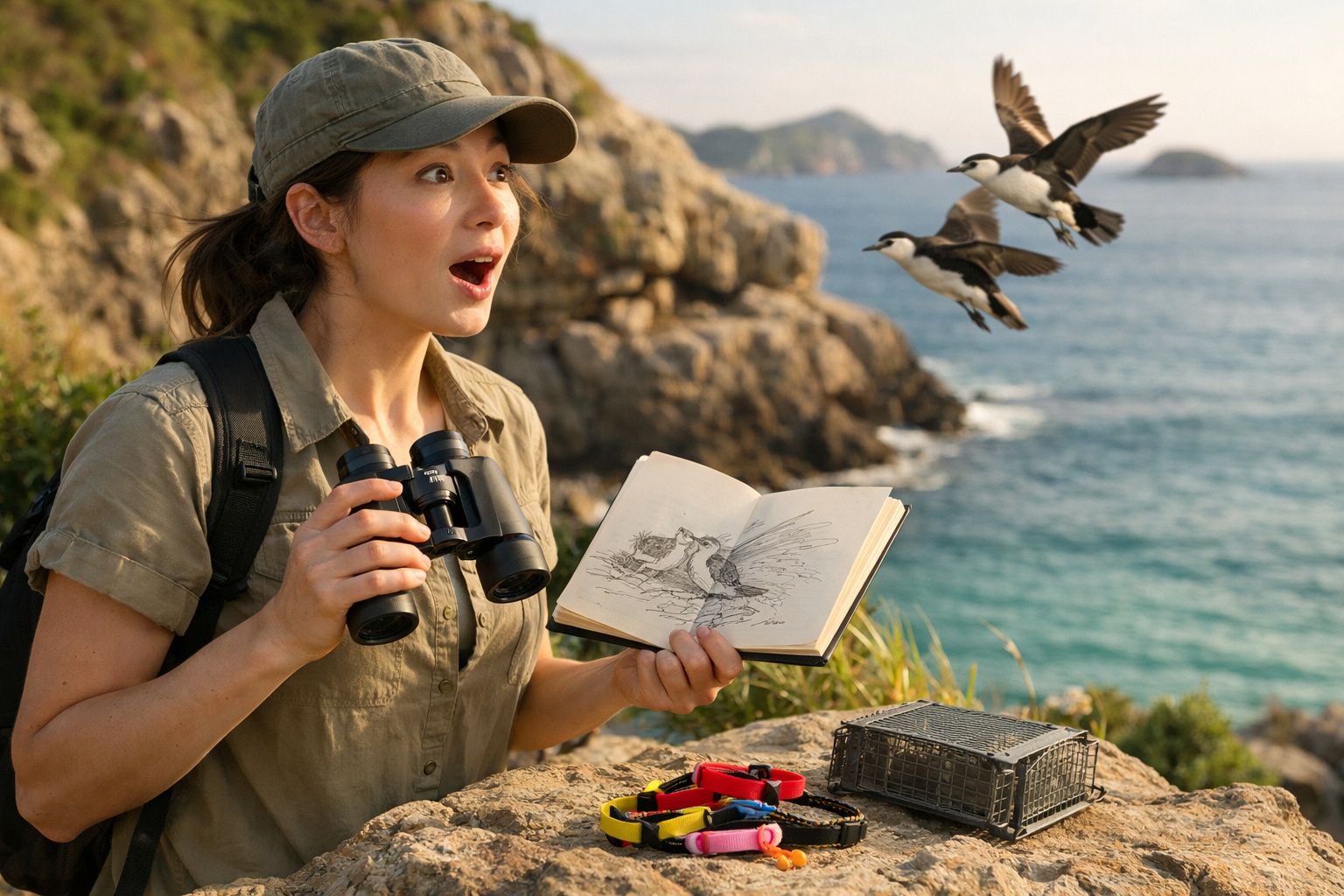 Mulher observadora de aves com binóculos e livro, encantada com pássaros voando junto ao mar e falésias.