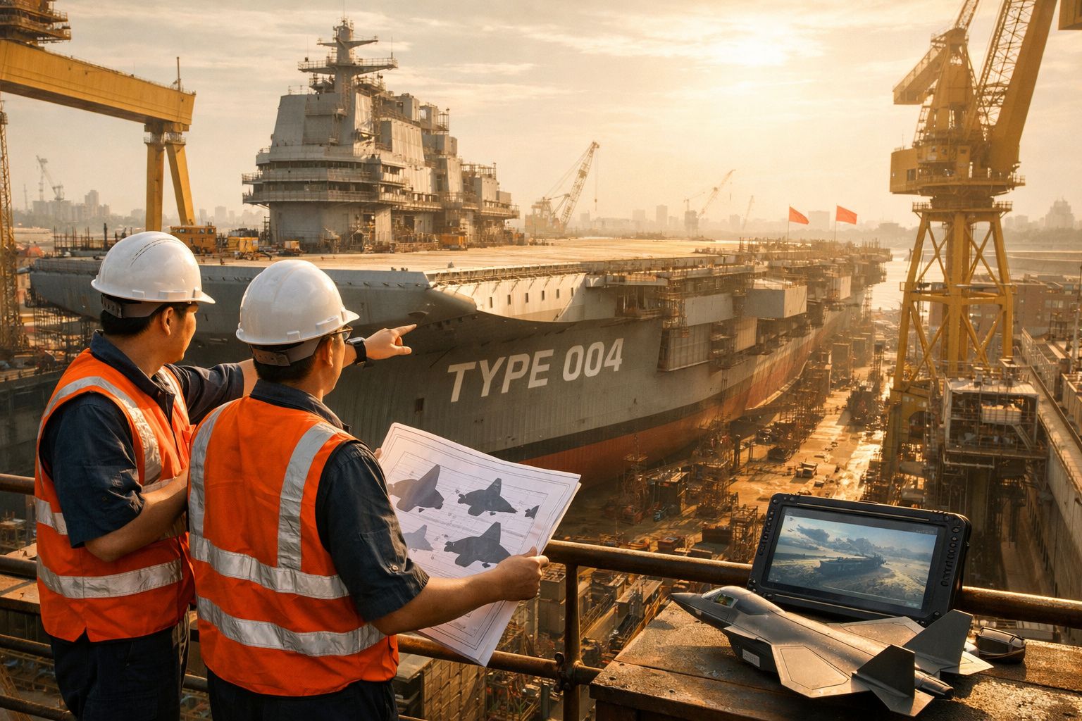 Dois engenheiros com capacetes e coletes refletores observam o porta-aviões Type 004 em construção num estaleiro.