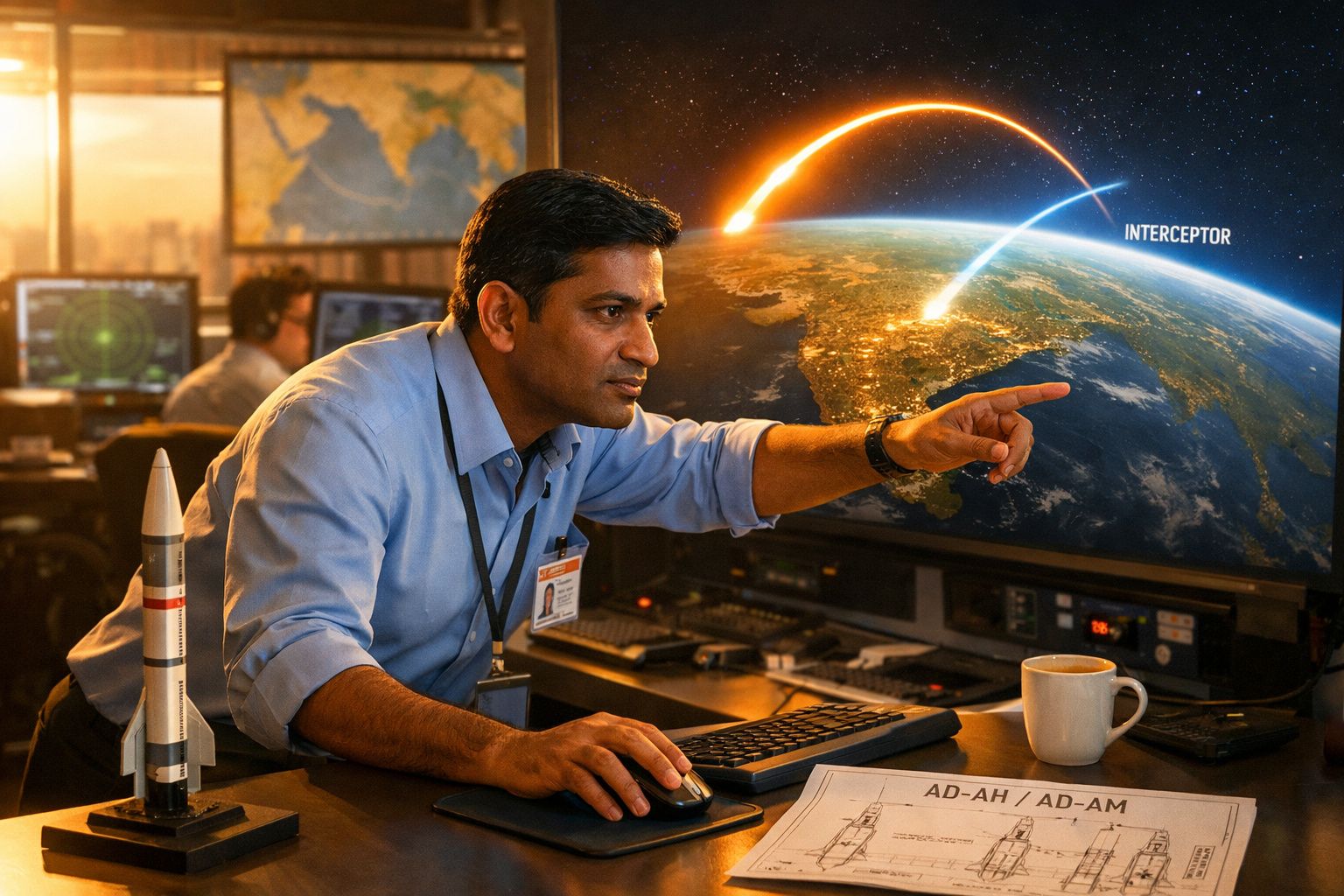 Homem a apontar para ecrã com visualização da Terra e trajetória de míssil numa sala de controlo militar.