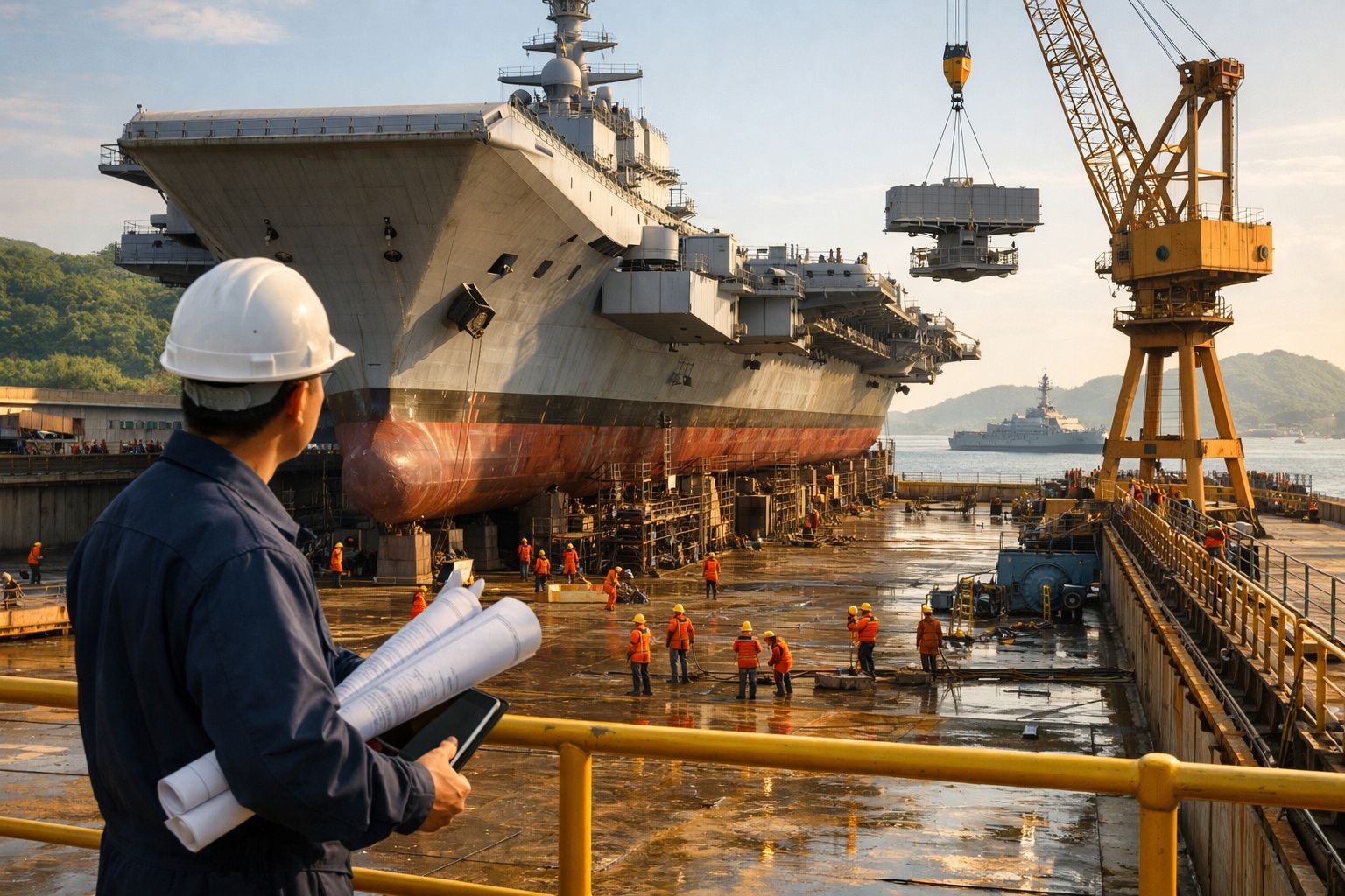 Homem de capacete observa navio de grande porte em doca seca com vários trabalhadores ao fundo.