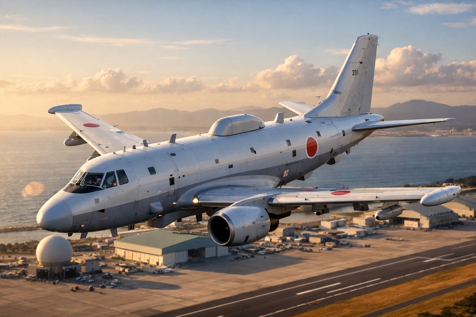 Avião militar japonês a voar sobre base aérea junto ao mar ao pôr do sol.