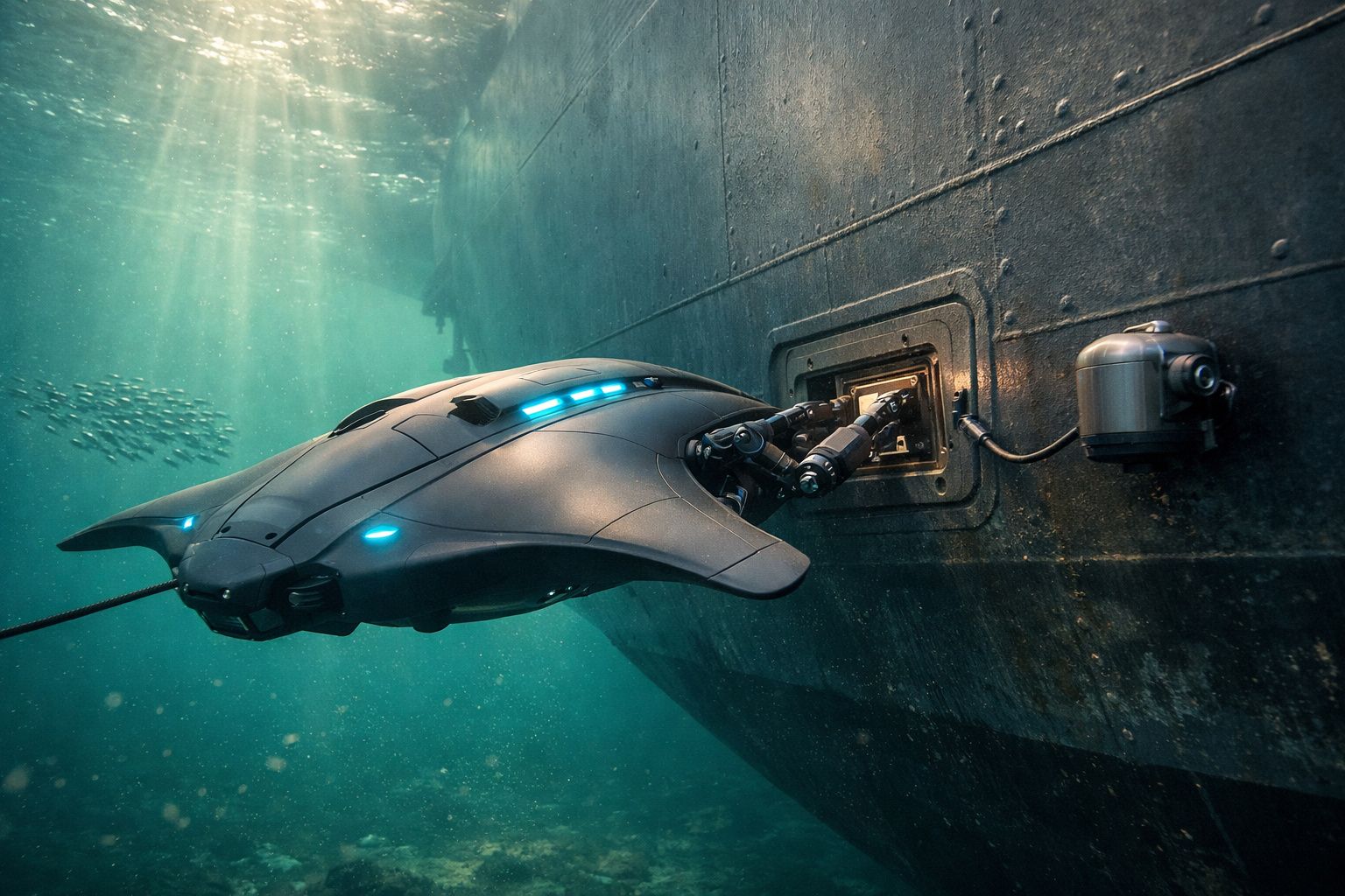 Robô subaquático com braços mecânicos a operar painel numa embarcação submersa.