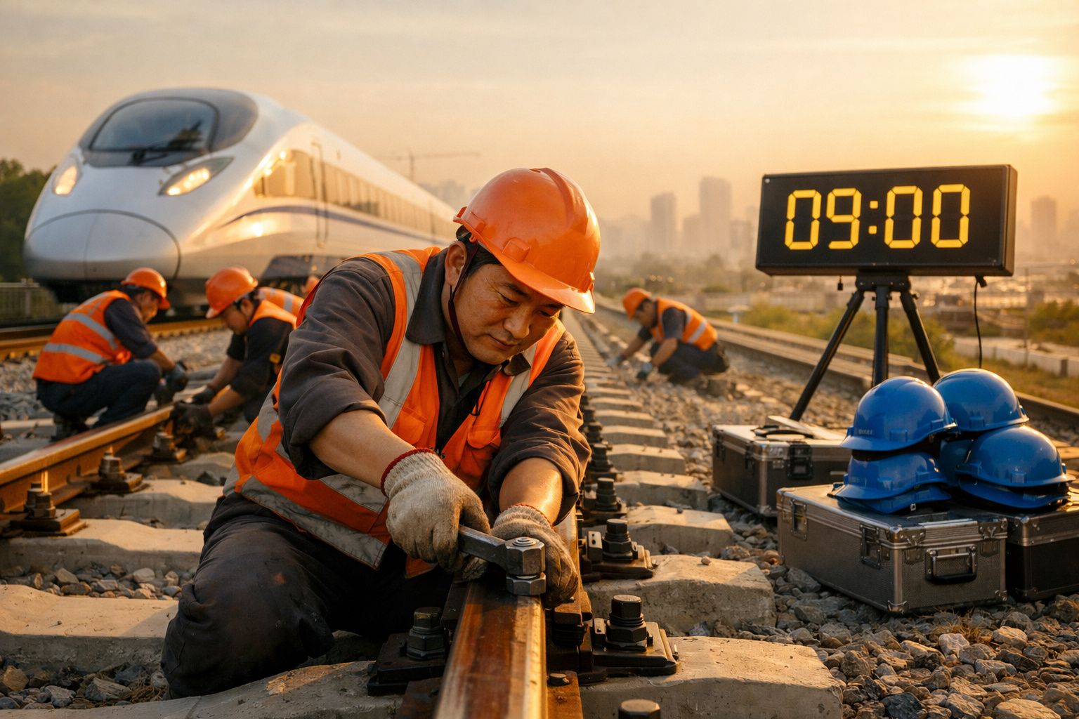 Trabalhadores de colete e capacete ajustam carrilhos de comboio com comboio de alta velocidade e relógio digital 09:00 ao fun