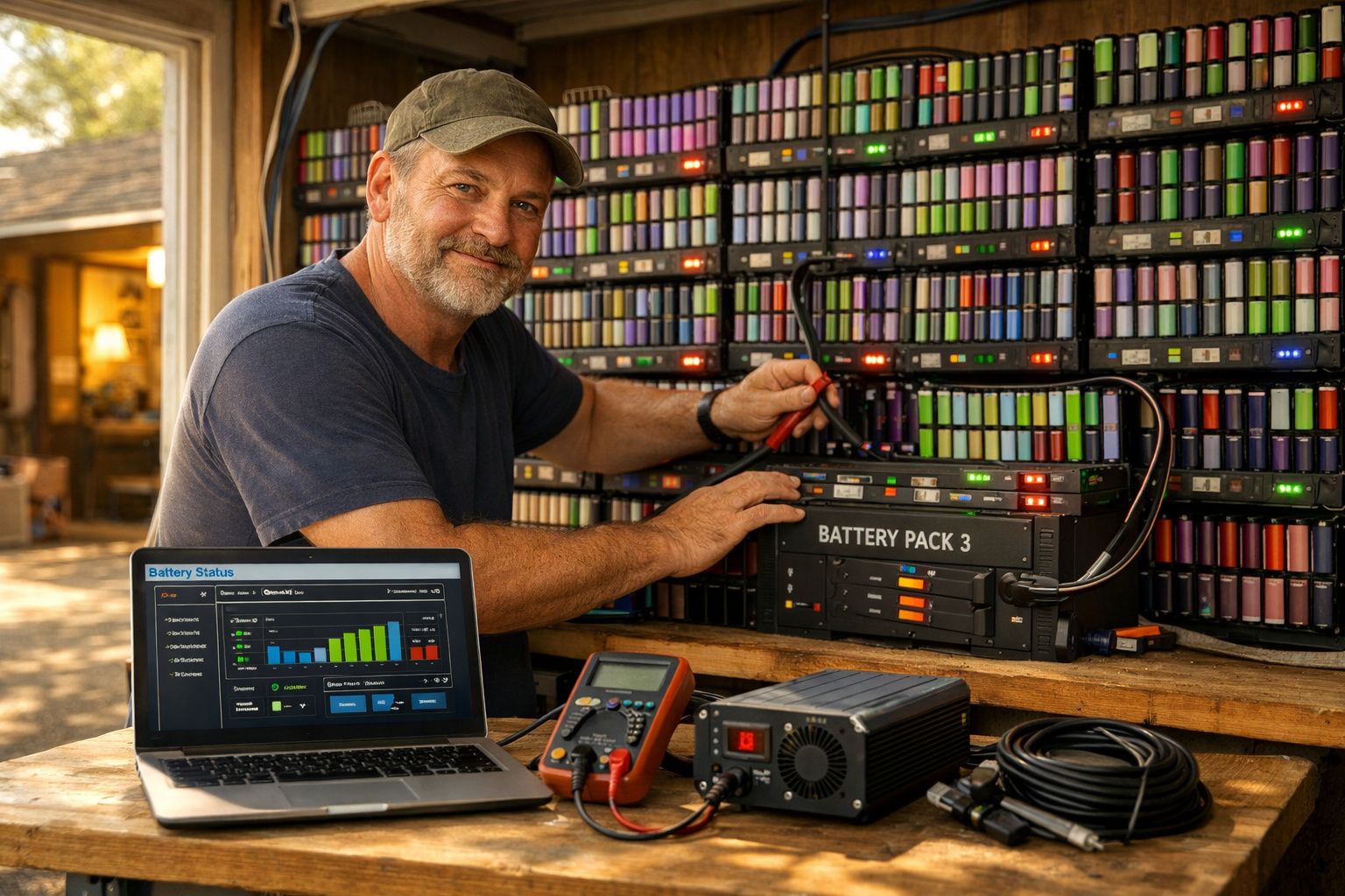 Homem a testar baterias recarregáveis numa bancada com vários aparelhos eletrónicos e computador portátil.