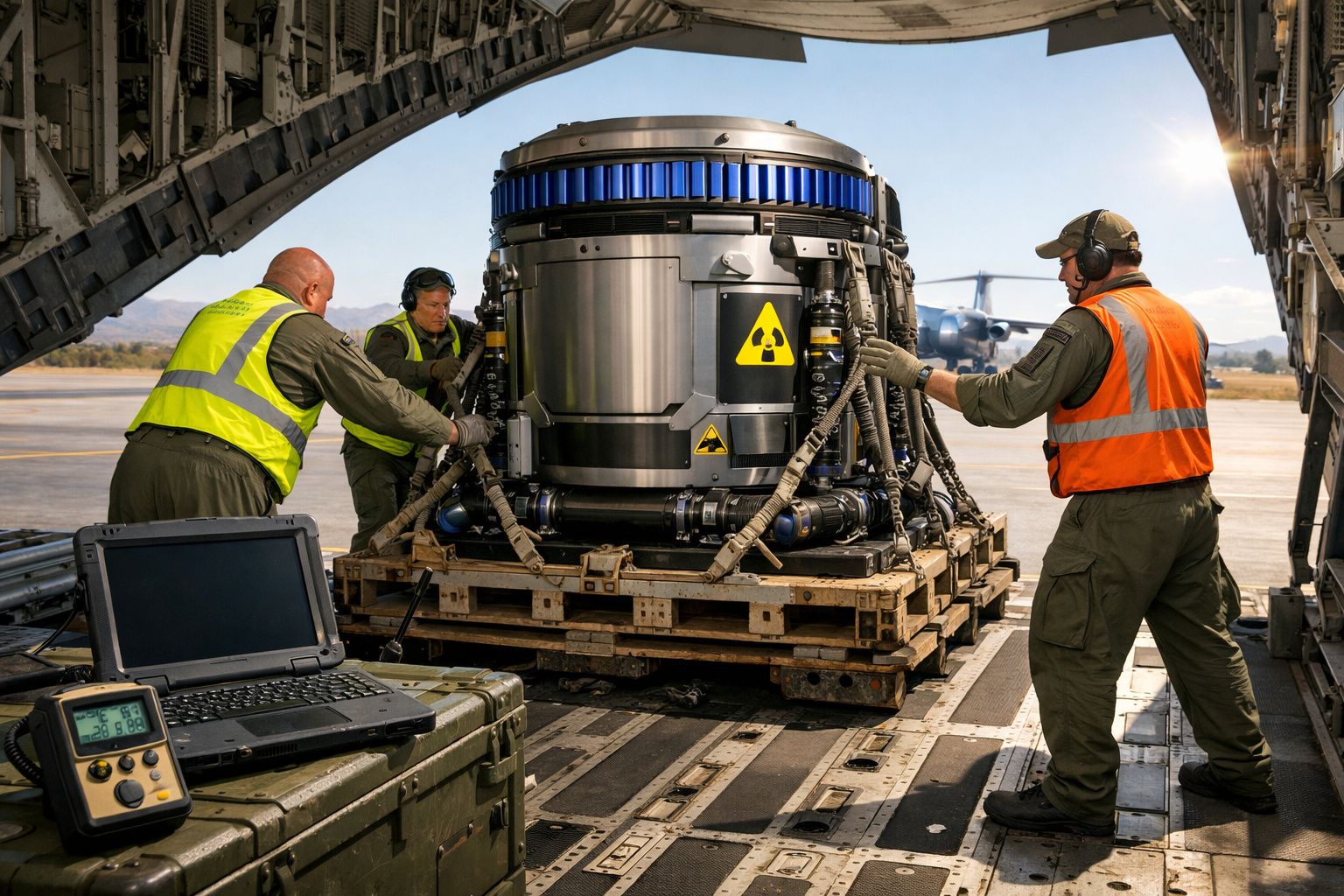 Três militares carregam equipamento nuclear pesado num avião militar no aeroporto com sensores e portátil.