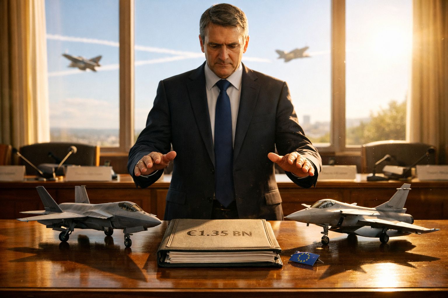 Homem de terno diante de dois aviões de combate em miniatura e uma pasta marcada €1,35 mil milhões numa sala de reuniões.