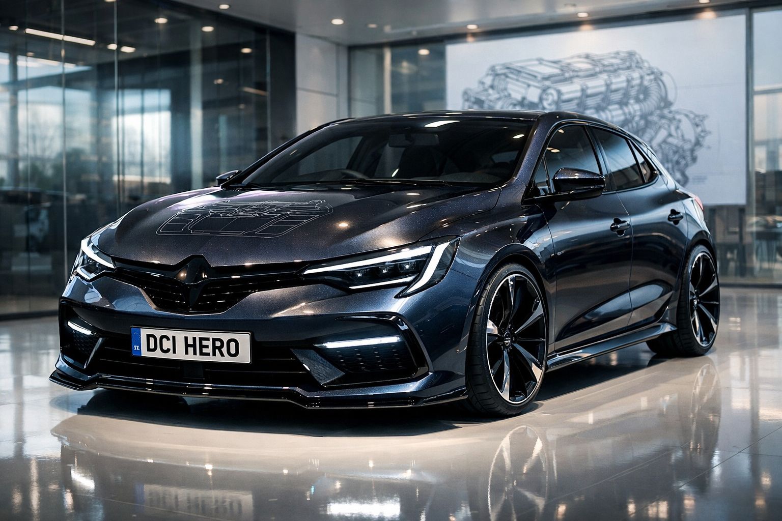 Carro desportivo preto com design moderno estacionado em espaço interior brilhante.