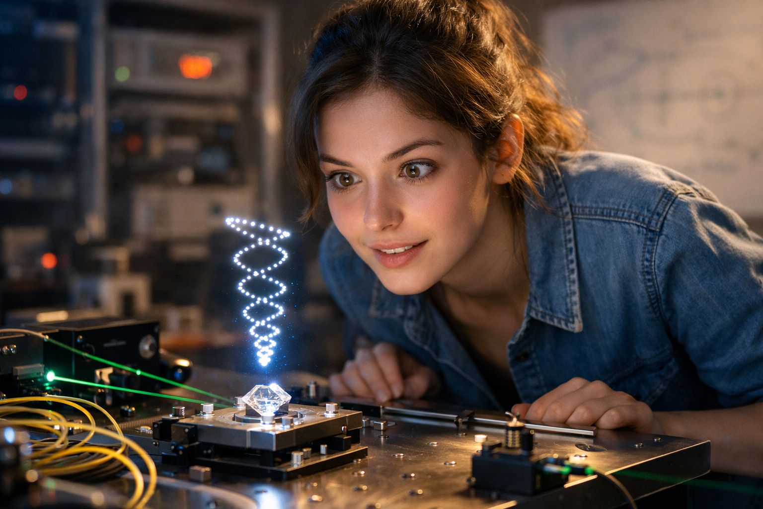 Mulher jovem observa fascinada um dispositivo tecnológico com projeção holográfica de estrutura espiral luminescente.
