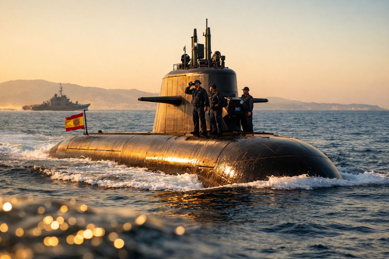 Submarino espanhol na superfície com tripulação em vigia ao pôr do sol no mar aberto.