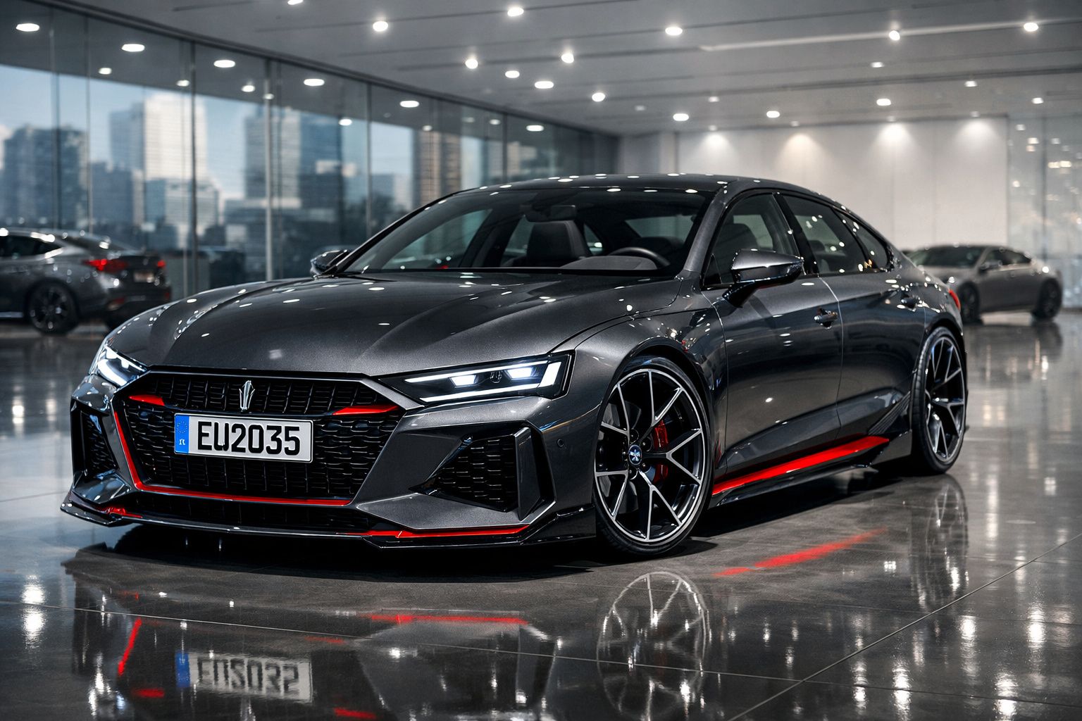 Carro desportivo cinza escuro estacionado num showroom com faróis e detalhes vermelhos.