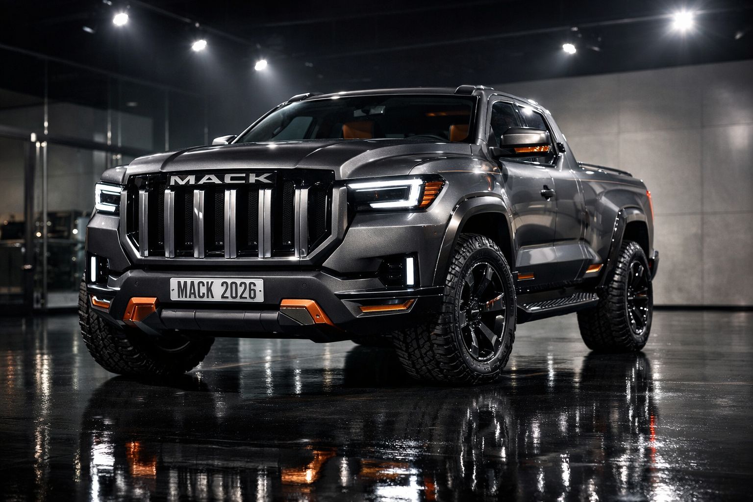 Pick-up Mack 2026 cinza escura com detalhes laranja em ambiente interior iluminado e piso molhado.