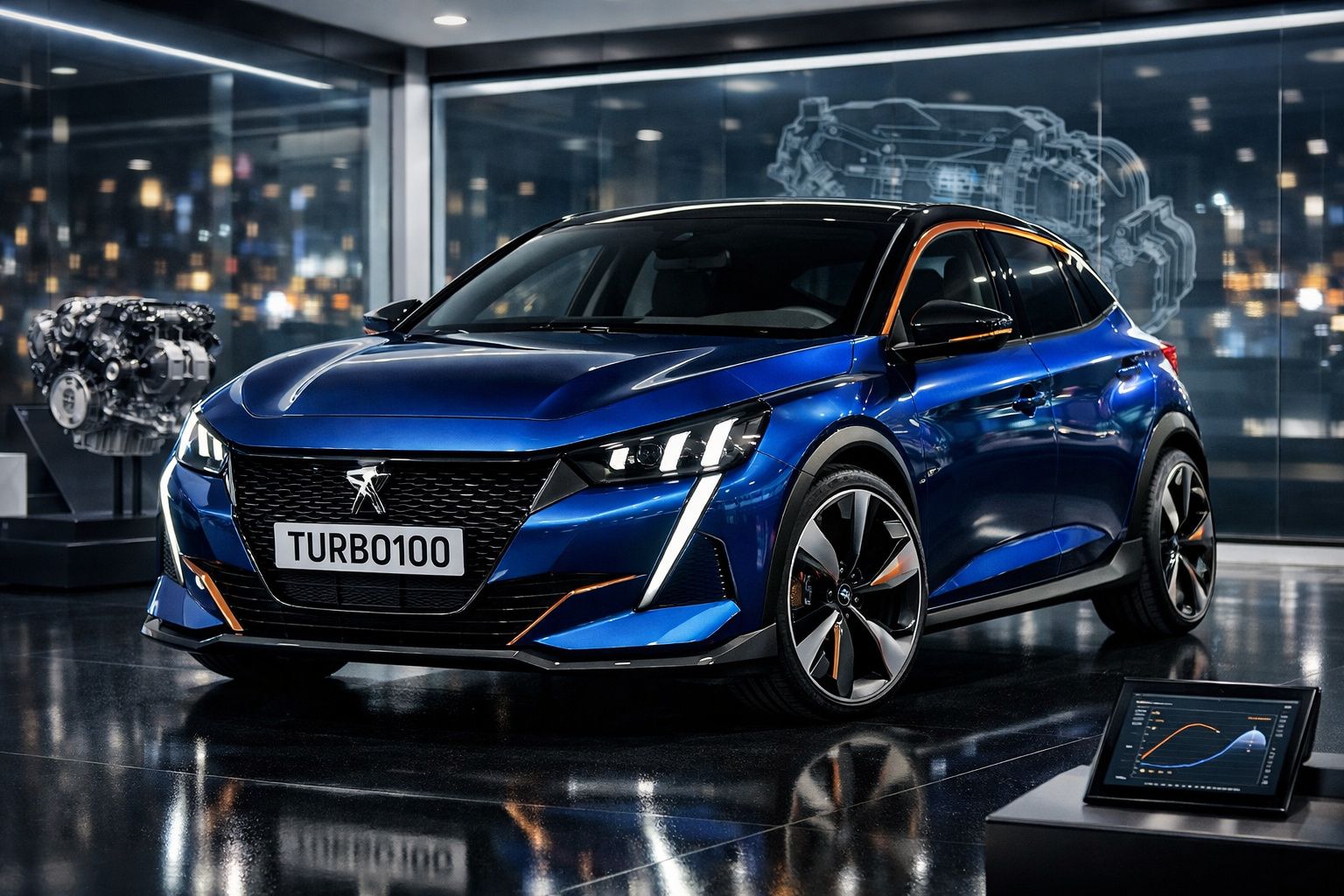 Carro desportivo azul elétrico com matrícula TURBO100, em ambiente tecnológico e moderno.
