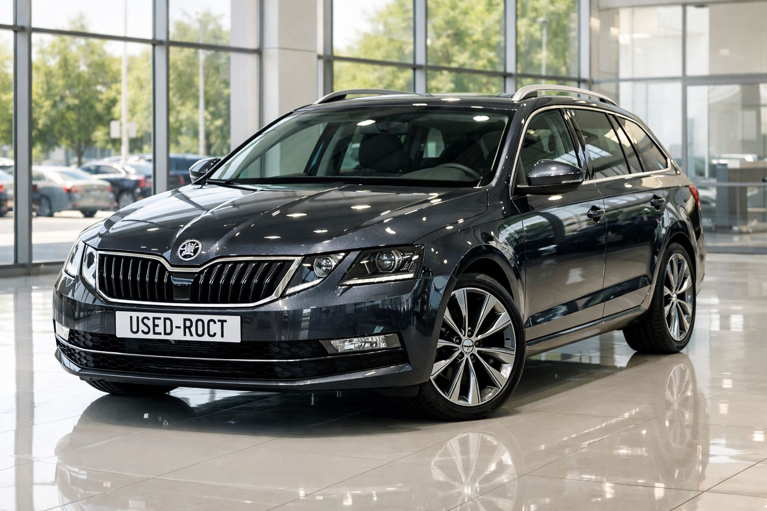 Carro Skoda Octavia preto estacionado no interior de uma loja com piso brilhante.