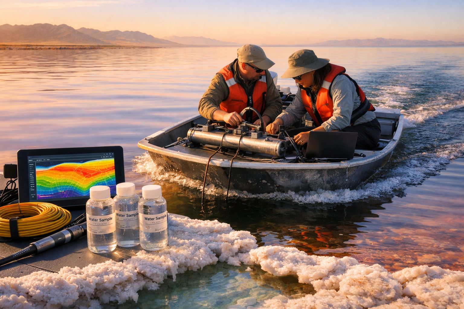 Dois cientistas em coletes salva-vidas num barco a trabalhar com equipamento de amostragem e análise de água ao pôr do sol.