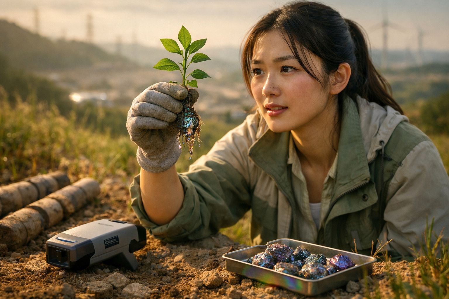 Mulher com luvas segura planta com raízes e minerais brilhantes num campo ao ar livre.
