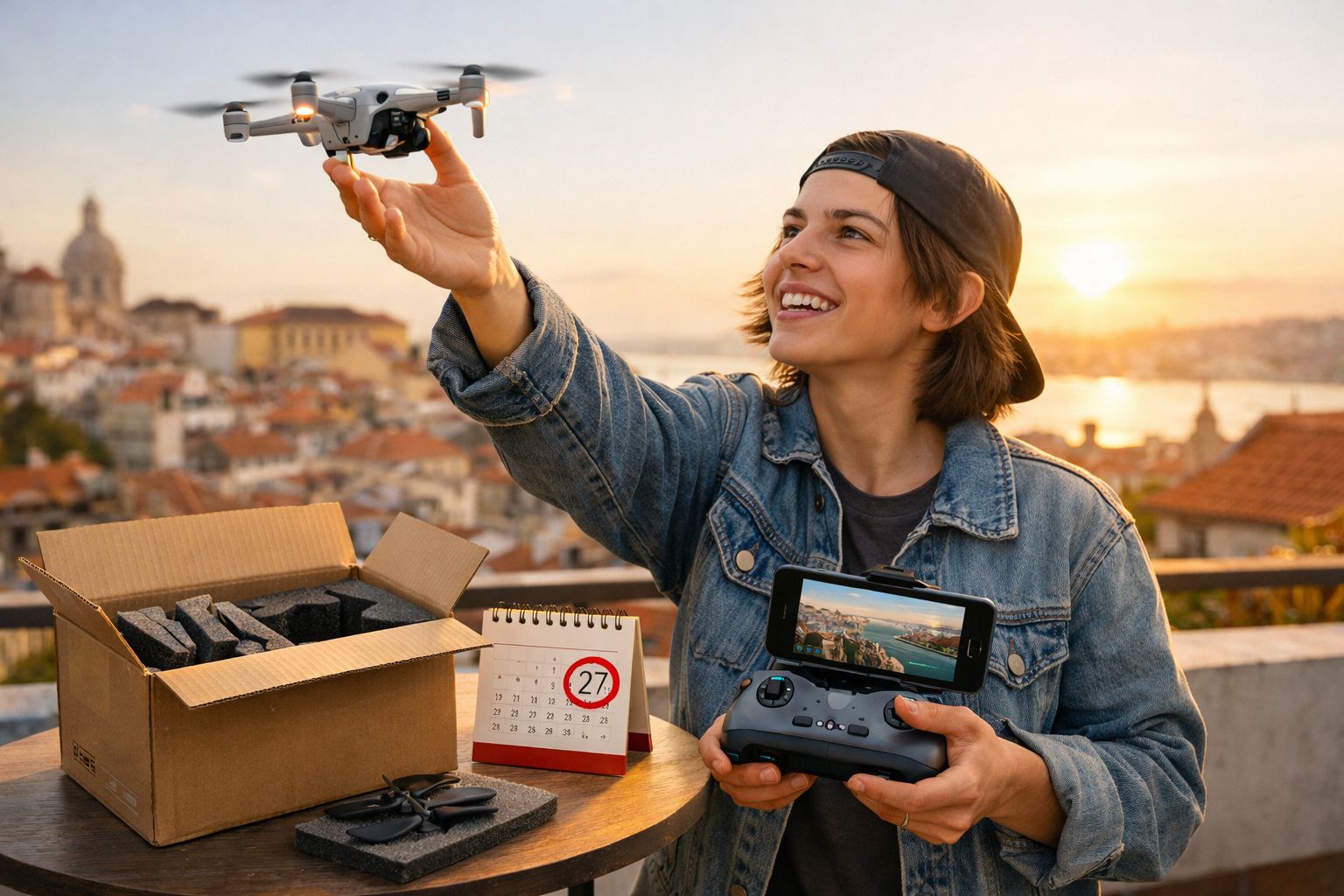 Pessoa feliz a controlar um drone com comando remoto numa esplanada com vista para a cidade ao pôr do sol.