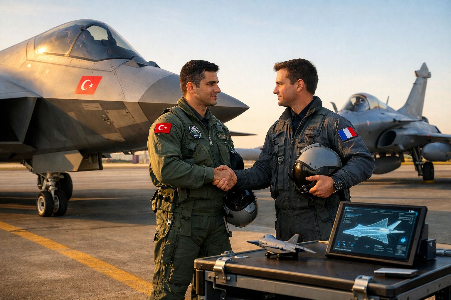 Dois pilotos militares, um turco e outro francês, apertam as mãos na pista junto a dois caças e equipamento técnico.