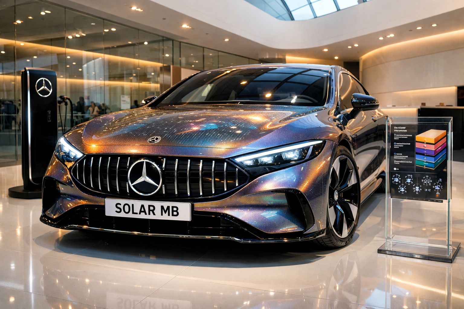 Automóvel Mercedes-Benz com pintura iridescente exposto em sala moderna com iluminação acolhedora.