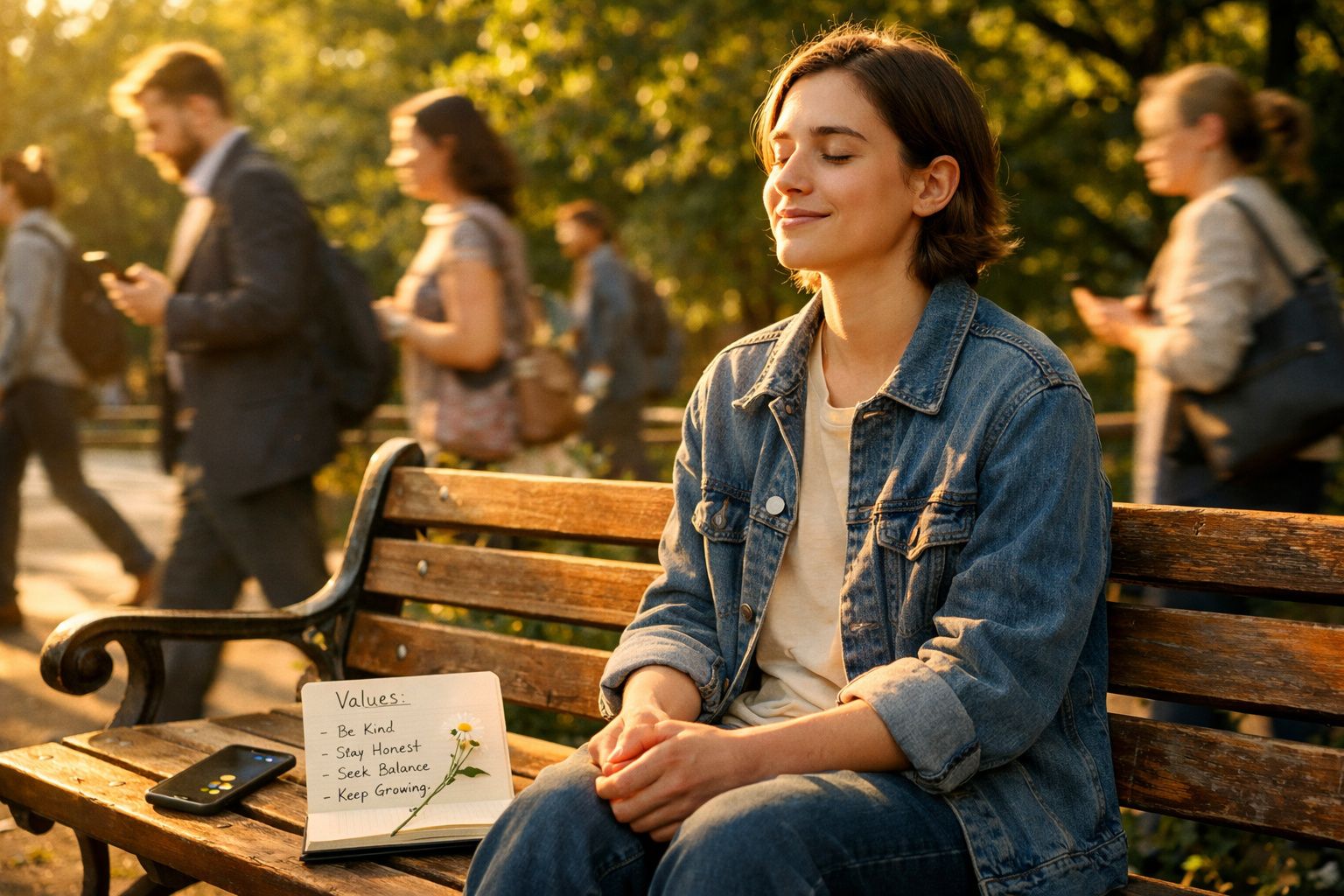 Mulher sentada num banco de jardim, com olhos fechados e sorriso sereno, rodeada de pessoas em movimento.
