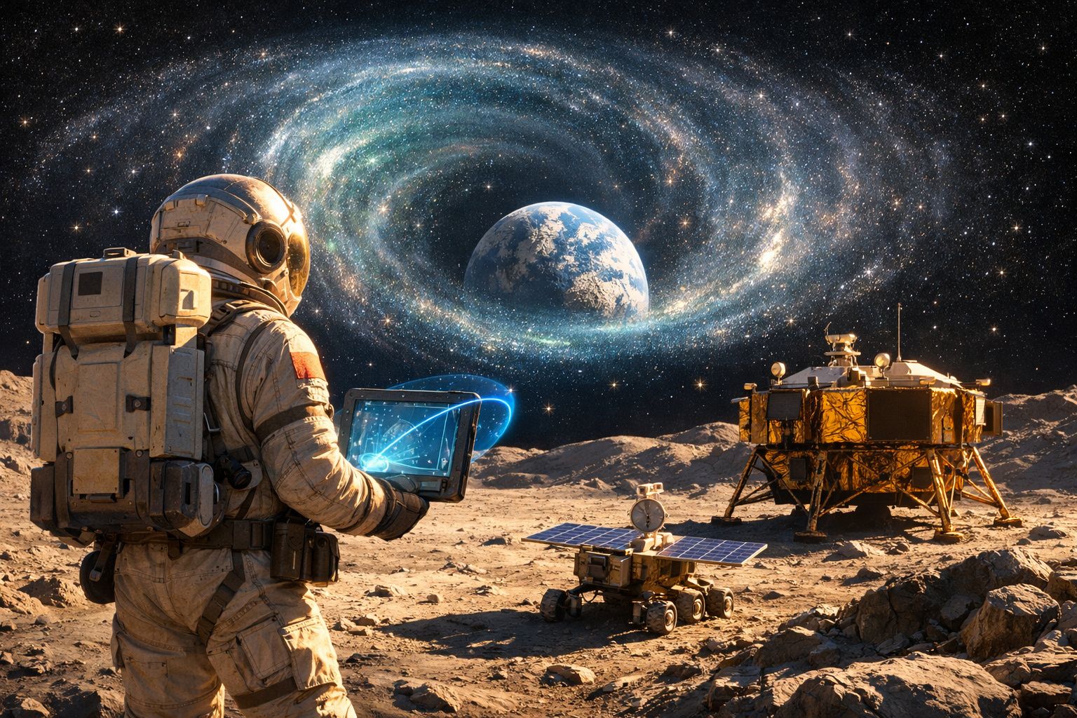 Astronauta na superfície lunar com veículo robótico e nave, Terra e galáxia visíveis no céu estrelado.