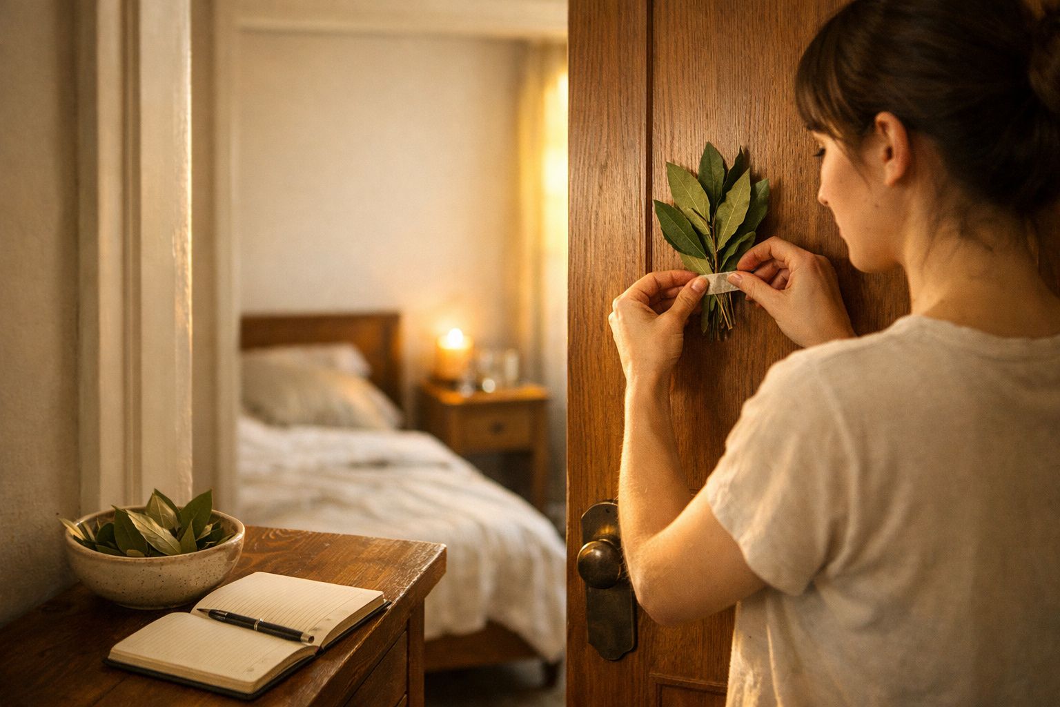Mulher prende ramo de folhas na porta de quarto acolhedor com cama e luz suave ao fundo.