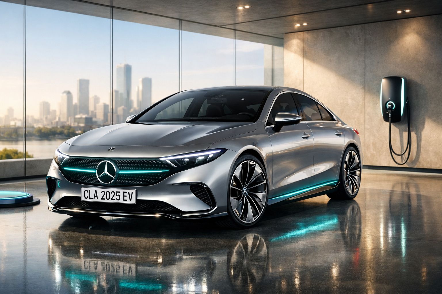 Carro elétrico Mercedes-Benz prata estacionado em garagem moderna com parede de vidro e carregador elétrico.