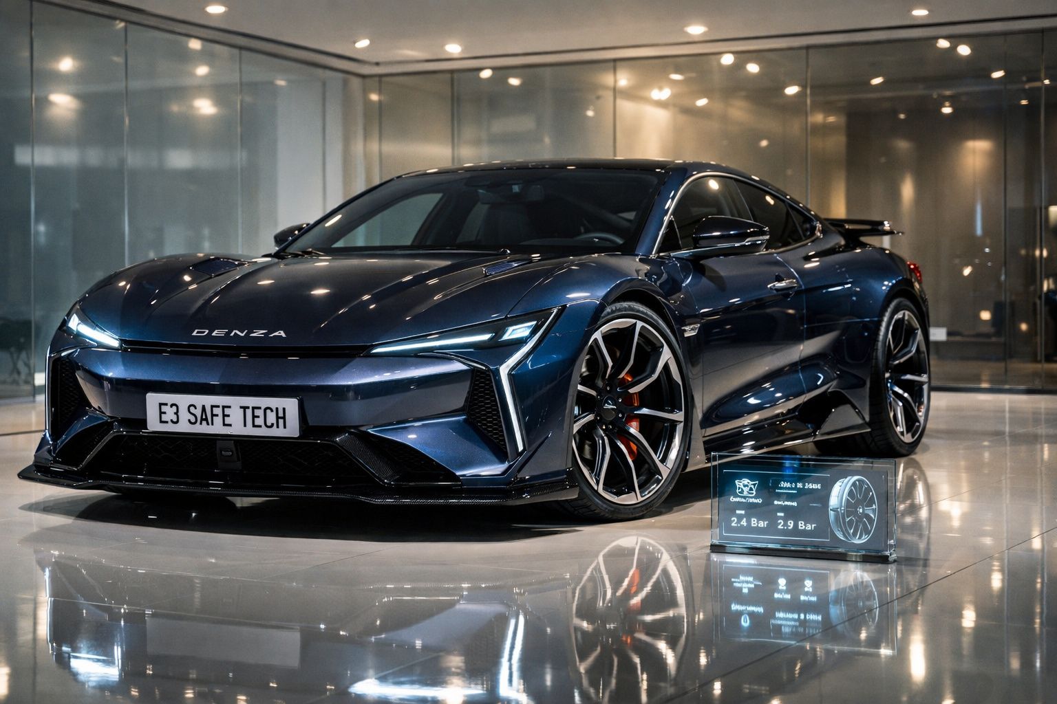 Carro desportivo elétrico azul Denza E3 em exibição num showroom moderno com iluminação refletida no chão.