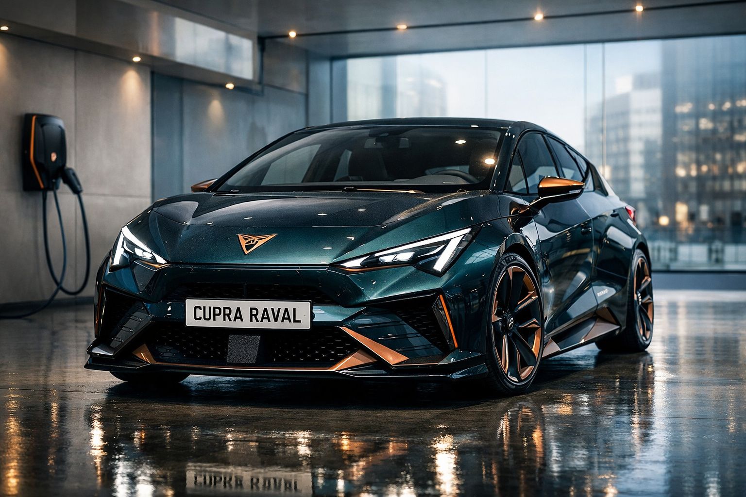 Carro elétrico Cupra Raval verde escuro estacionado em garagem moderna com carregador elétrico na parede.