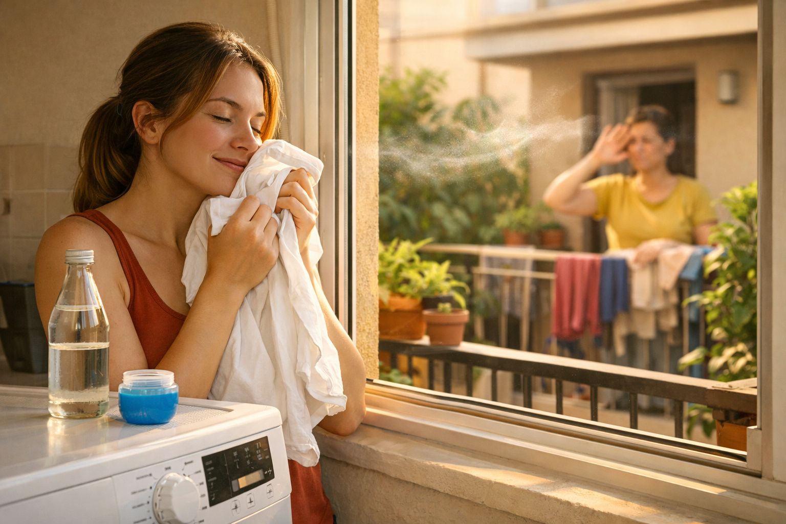 Mulher feliz cheira roupa limpa junto a janela, com outra mulher a espreitar no varal exterior.