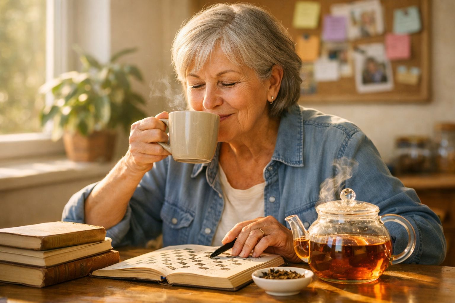 Mulher idosa a beber chá quente enquanto resolve palavras cruzadas numa mesa junto à janela.