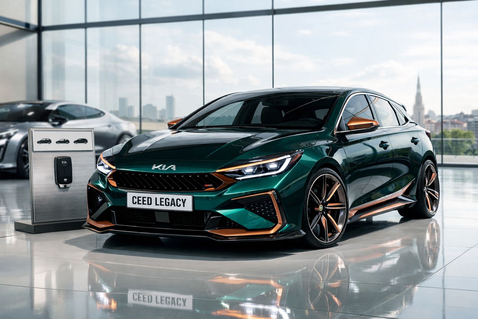 Carro desportivo verde com detalhes laranja Kia Ceed Legacy em showroom moderno com vista urbana.