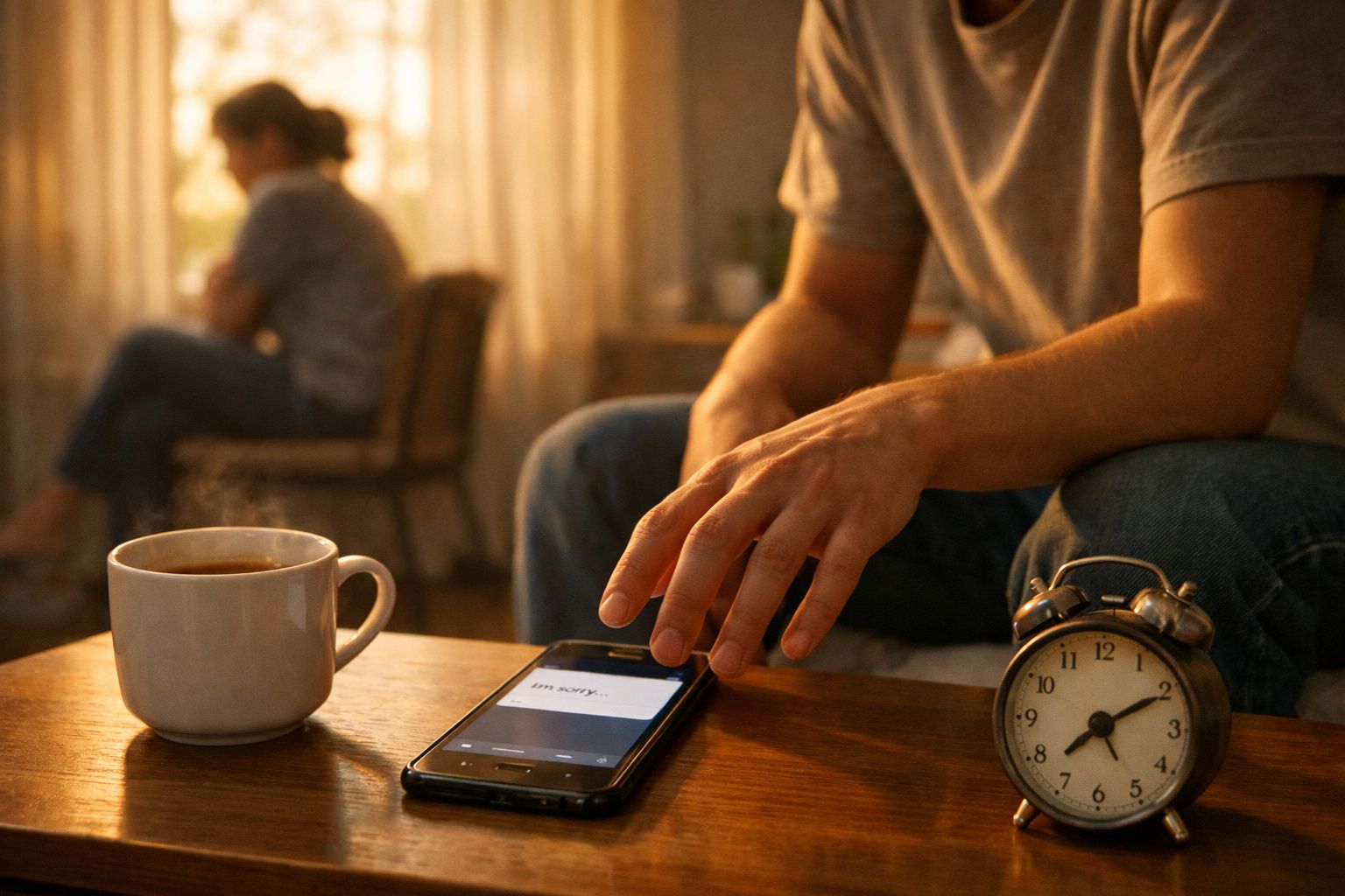 Pessoa sentada a tocar num telemóvel numa mesa com chávena de café e despertador, homem e mulher ao fundo separados.