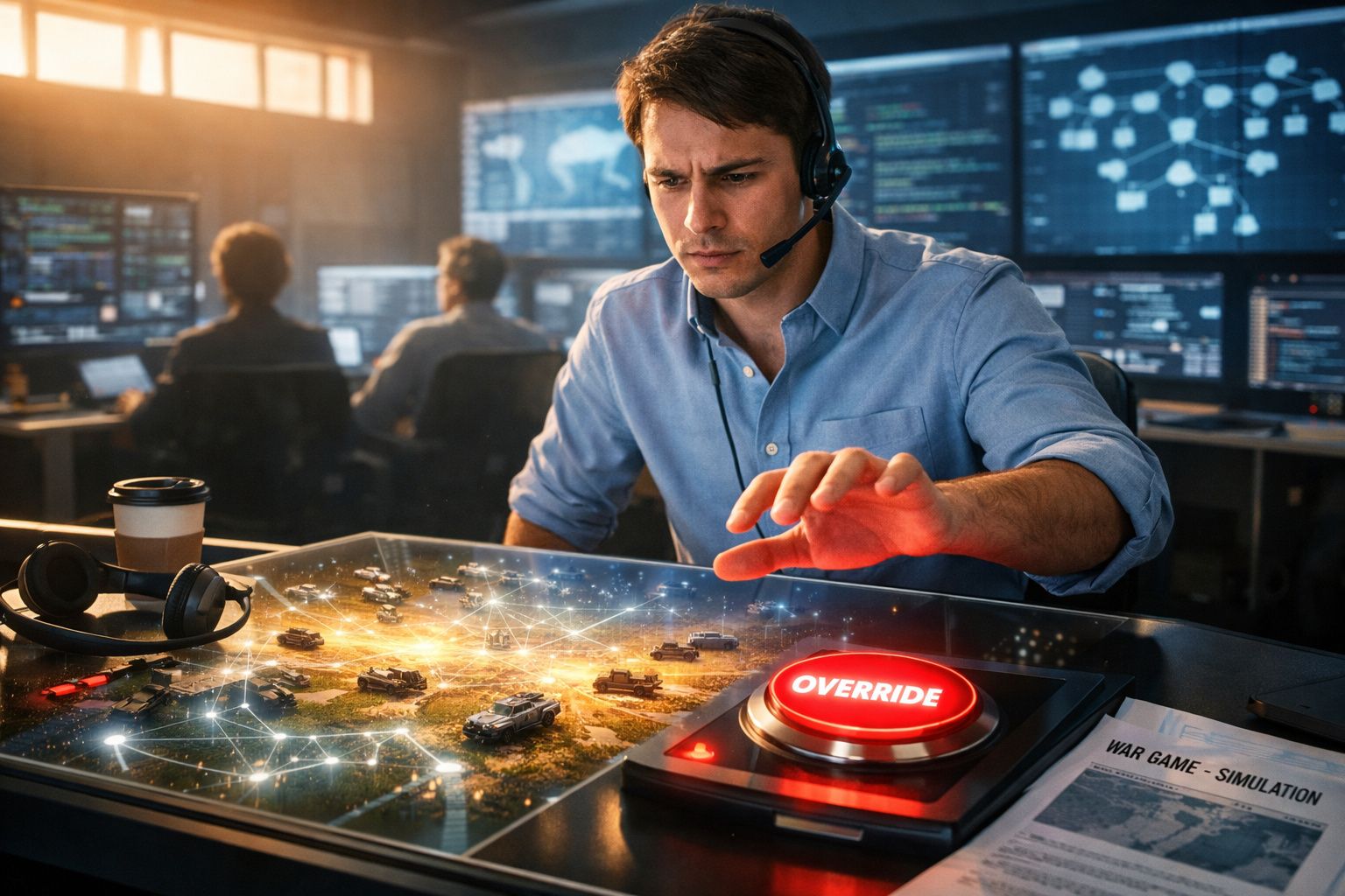 Homem com headset manipula simulação de jogo de guerra digital, botão vermelho "override" em destaque.