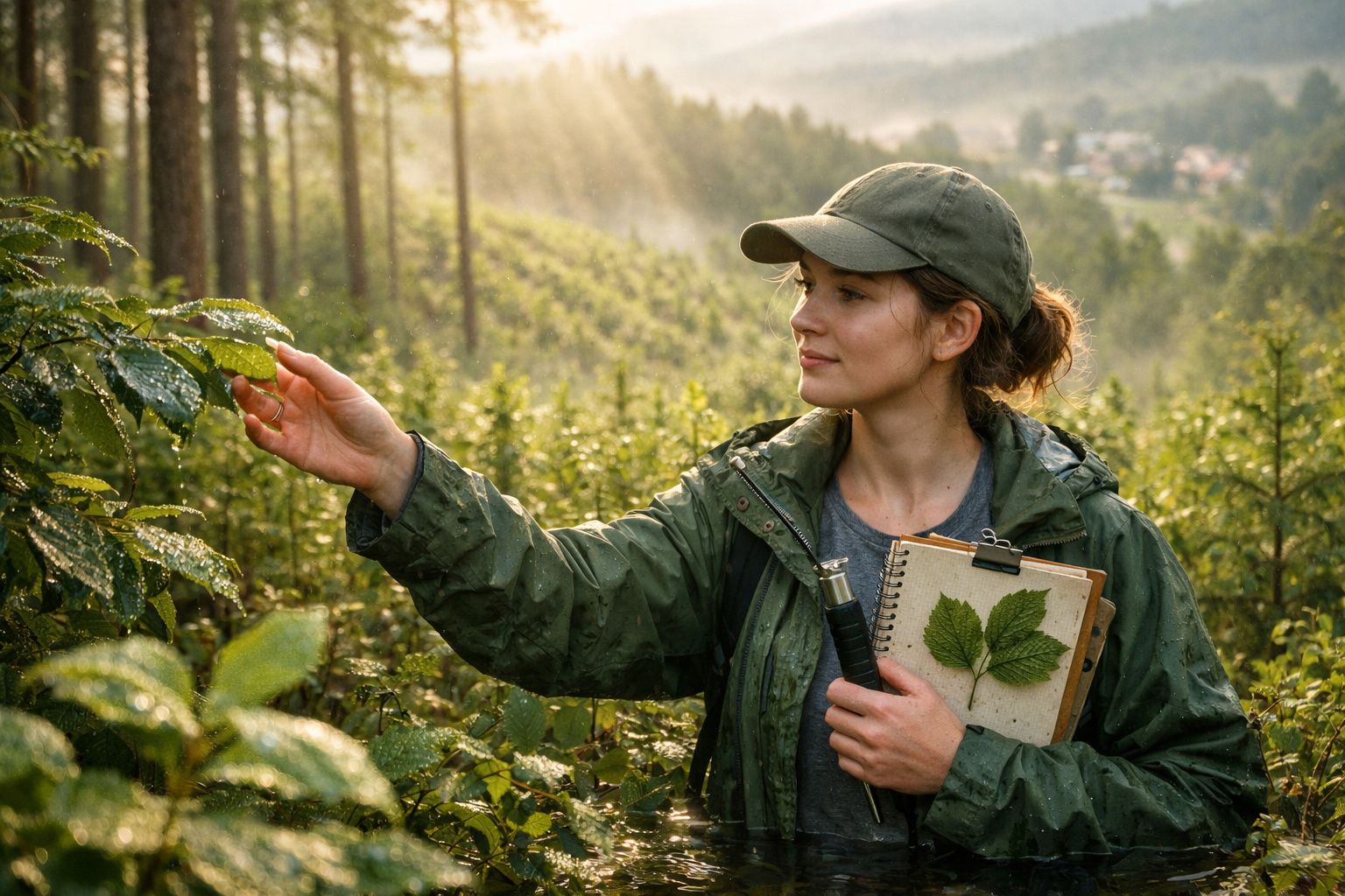 Mulher a examinar plantas numa floresta, segurando um caderno com folhas prensadas.