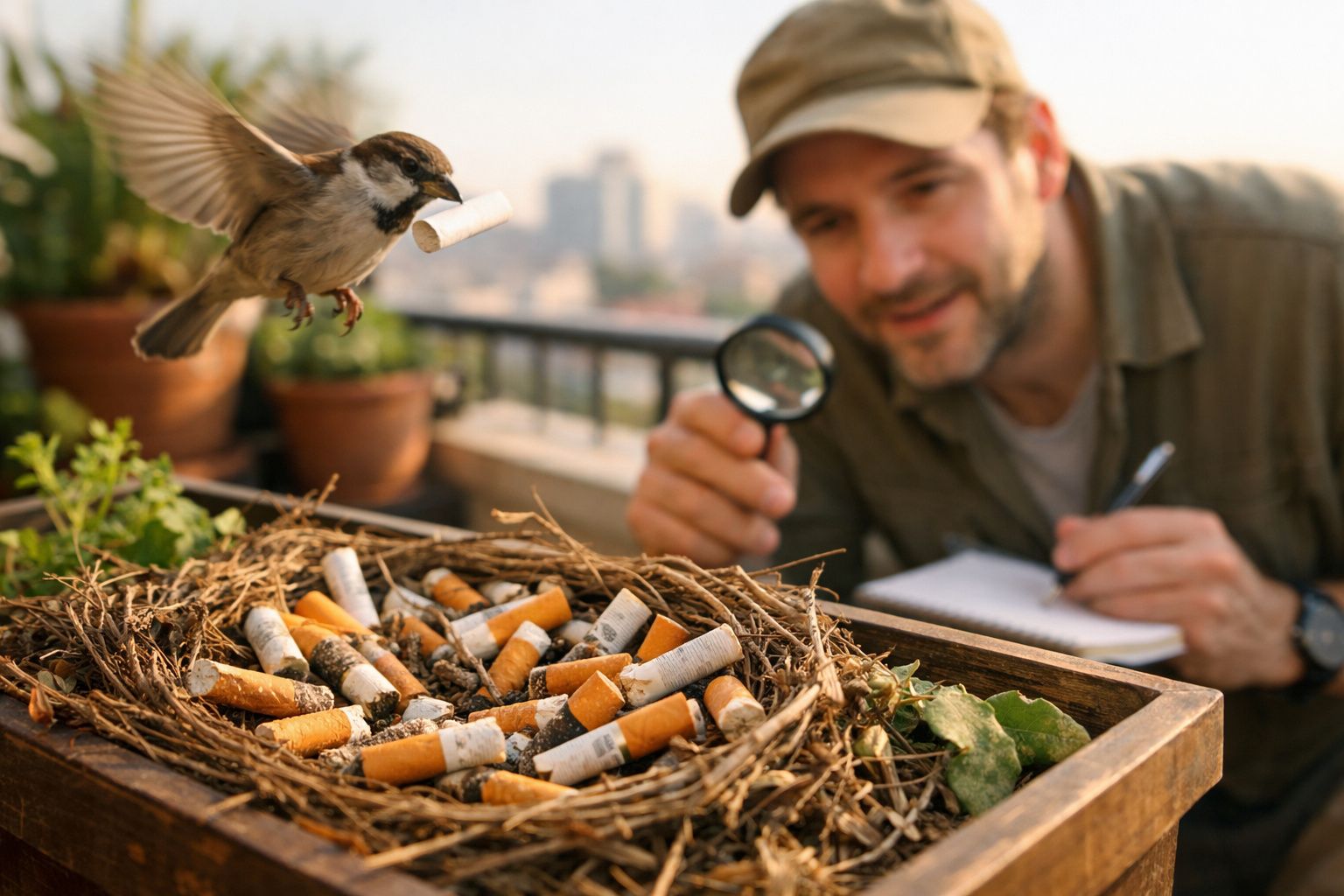 Pássaro a transportar beata de cigarro enquanto homem observa com lupa ninho cheio de beatas usadas.