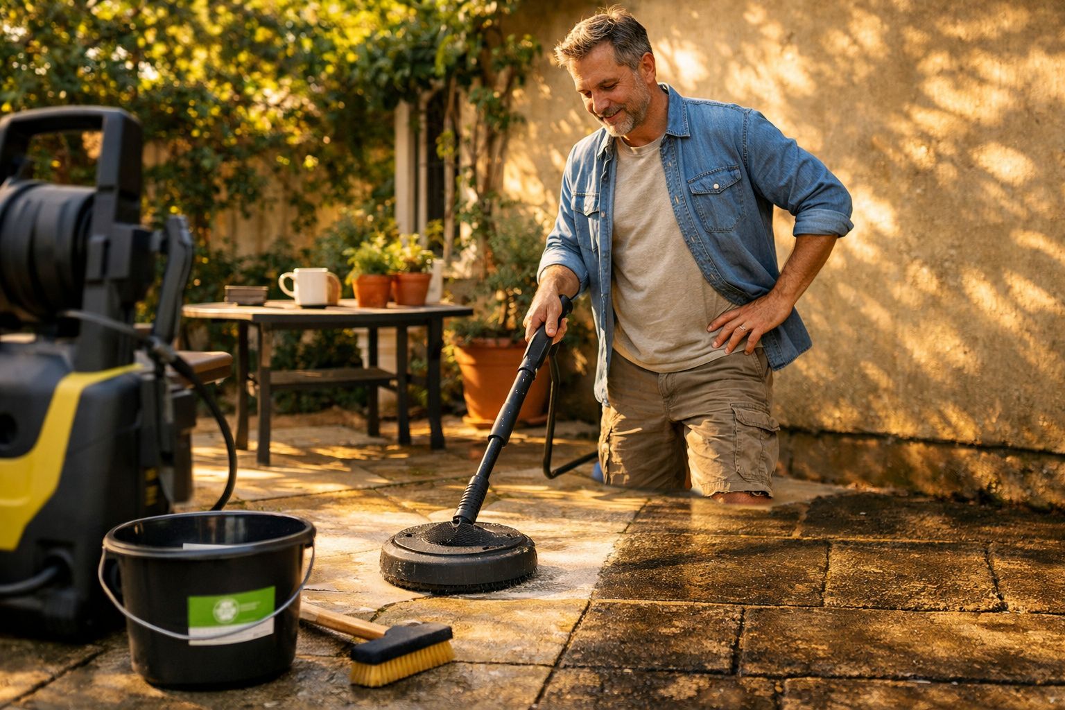 Homem a limpar o chão de pedra do pátio ao ar livre com equipamento de limpeza a pressão.