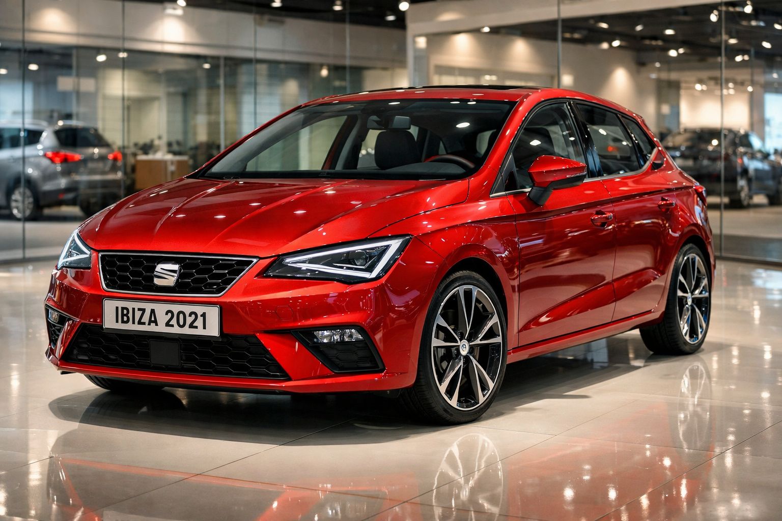 Automóvel SEAT Ibiza 2021 vermelho, em salão de exposição moderno e iluminado.