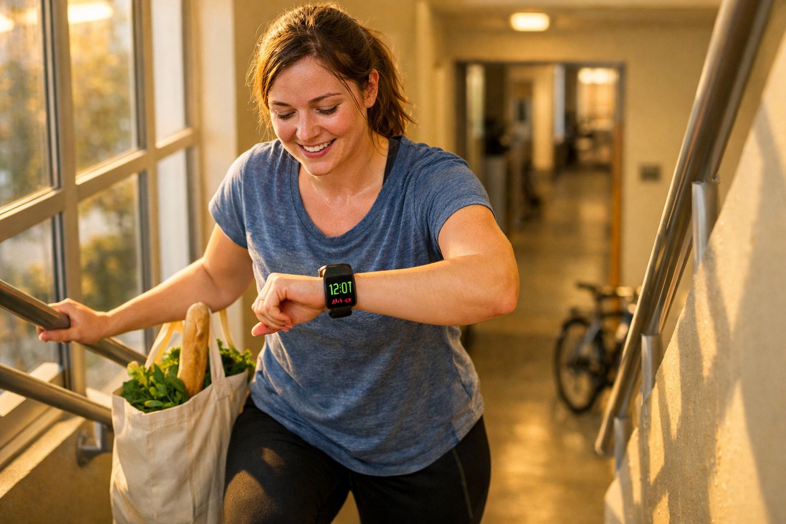 Mulher sorridente a subir escadas interiores, vestida com t-shirt azul, a olhar para relógio inteligente no pulso.