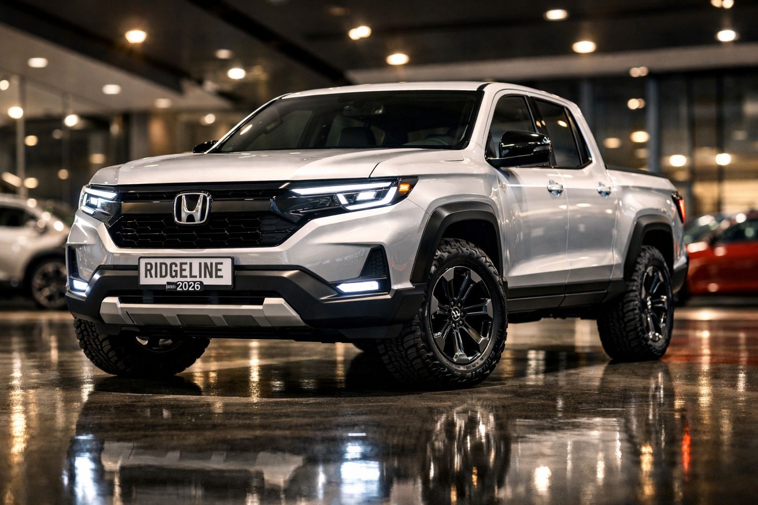 Picape Honda Ridgeline 2026 branca numa garagem com iluminação artificial e chão molhado.