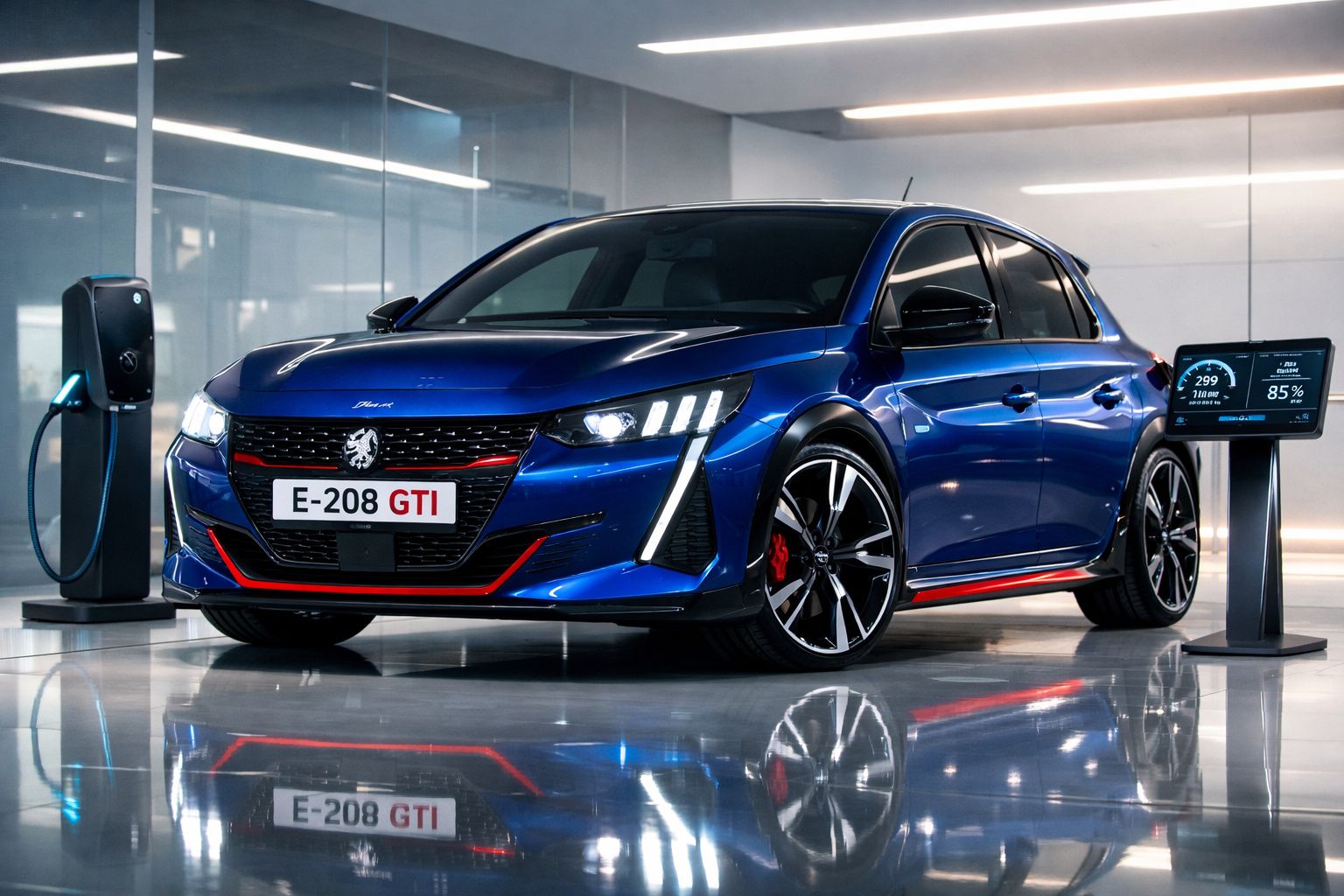 Peugeot E-208 GTI azul a carregar num posto de carregamento elétrico moderno num interior iluminado.