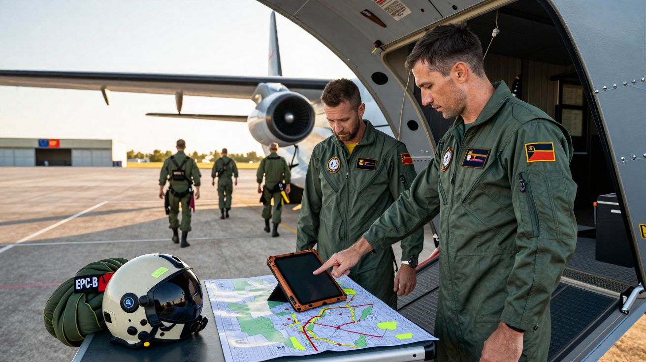 Dois pilotos militares consultam um mapa e tablet na entrada de uma aeronave, com outros quatro caminhando na pista.