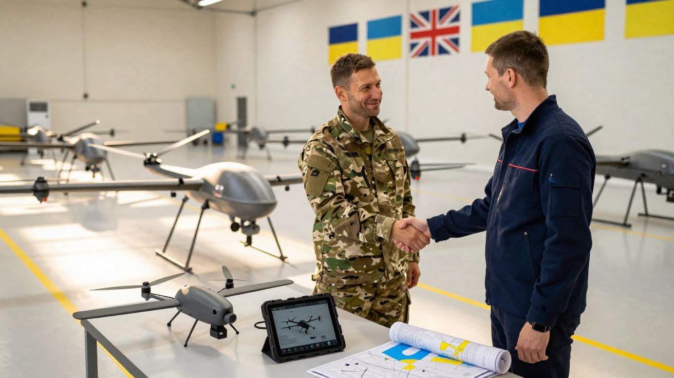 Dois homens, um militar e outro civil, apertam as mãos numa sala com drones e bandeiras do Reino Unido e Ucrânia.