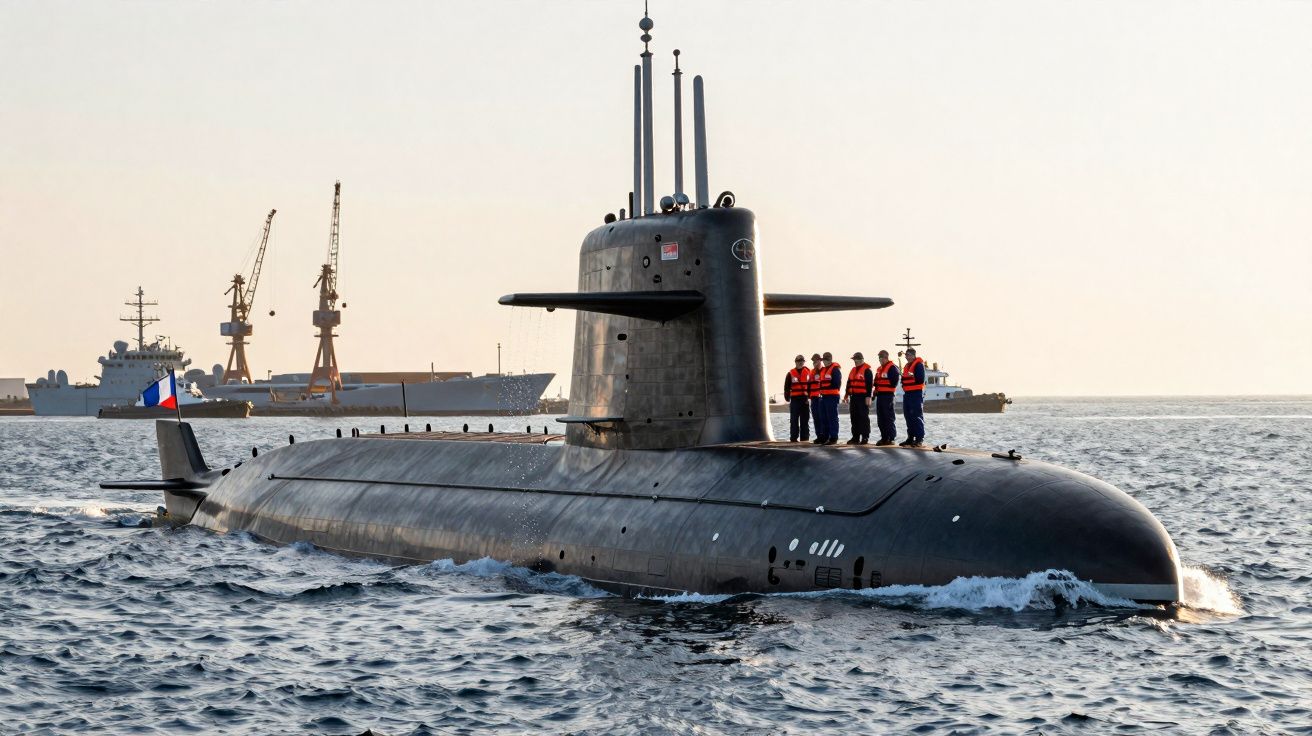 Submarino militar com tripulação a bordo, navegando perto de um porto com navios e guindastes ao fundo.