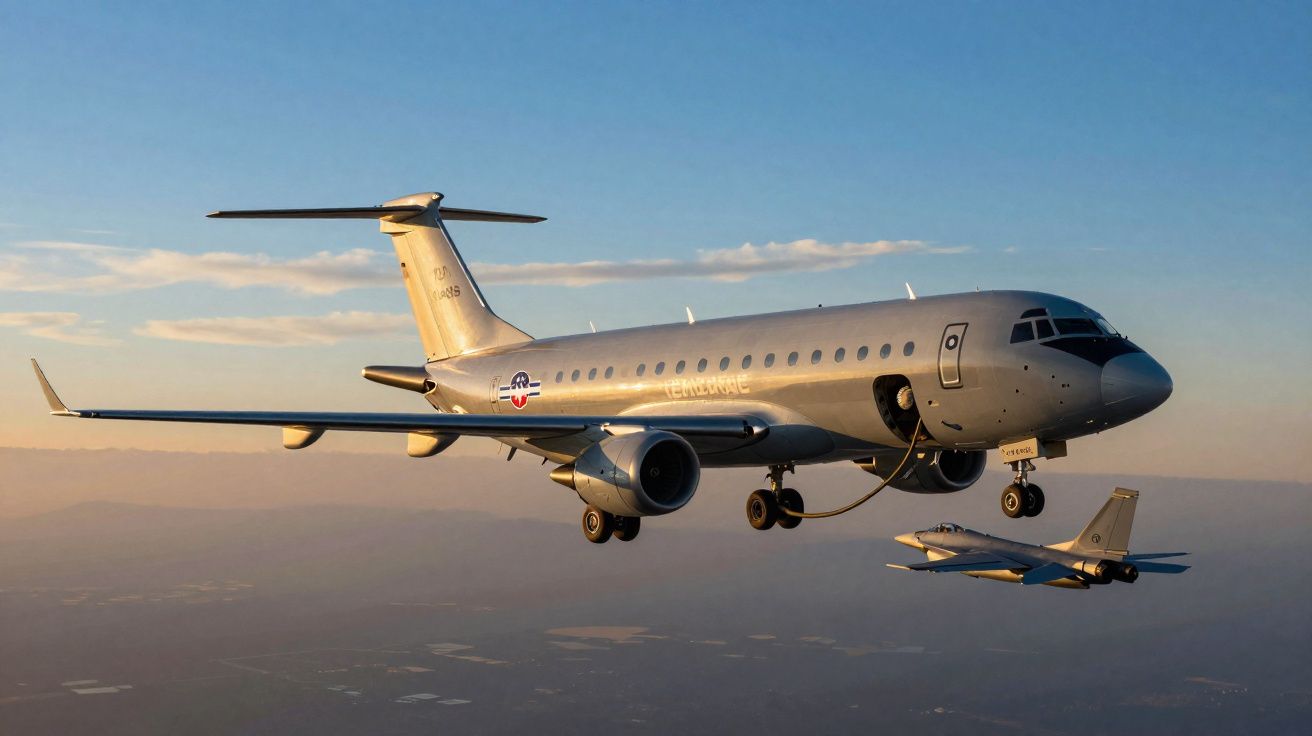 Avião militar em voo com outro caça ao lado ao pôr do sol sobre uma paisagem montanhosa.