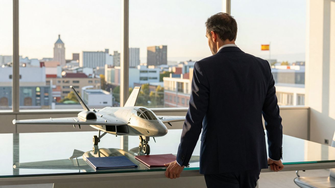 Homem de fato olha para modelo de avião numa mesa, num escritório com vista urbana.